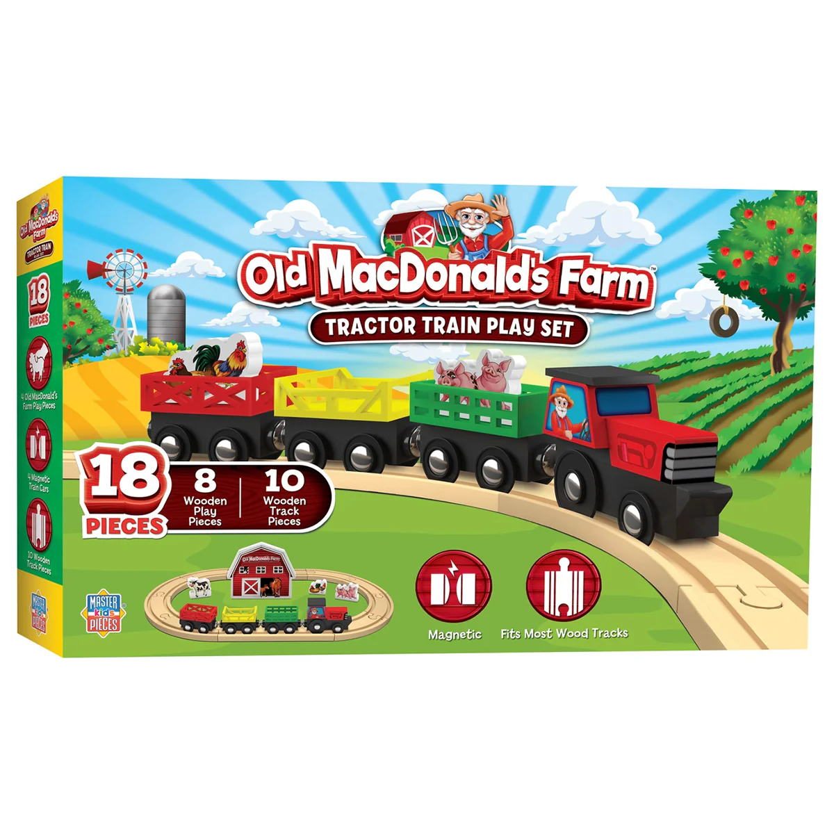 Old MacDonald's Farm Tractor Wooden Train Play Set with Animals
