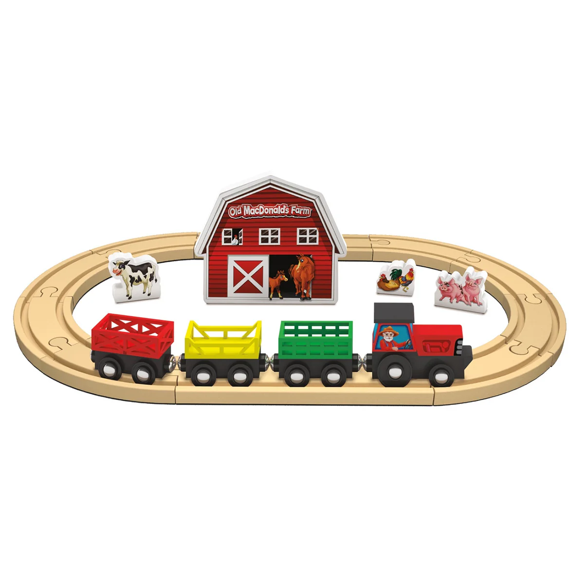 Old MacDonald's Farm Tractor Wooden Train Play Set with Animals - Image 2