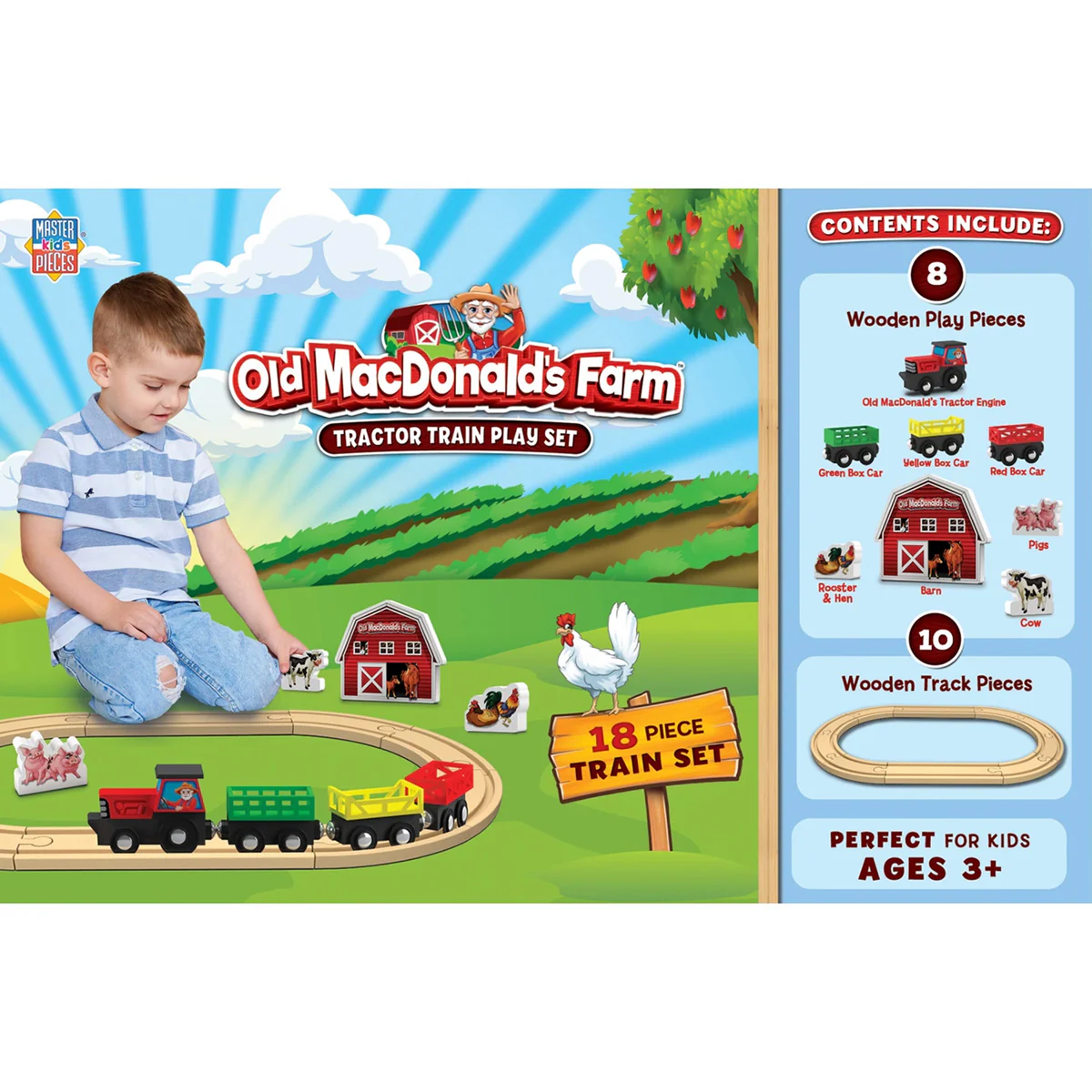 Old MacDonald's Farm Tractor Wooden Train Play Set with Animals - Image 3