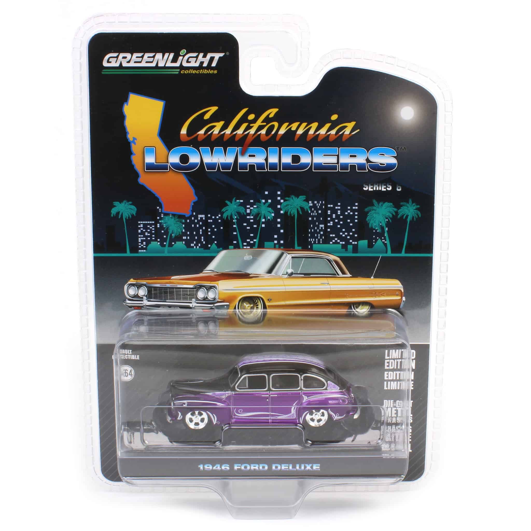 Pinstriped Chase ~ 1/64 1946 Ford Fordor Super Deluxe, Dark Purple Metallic & Black Two-Tone, California Lowriders Series 6
