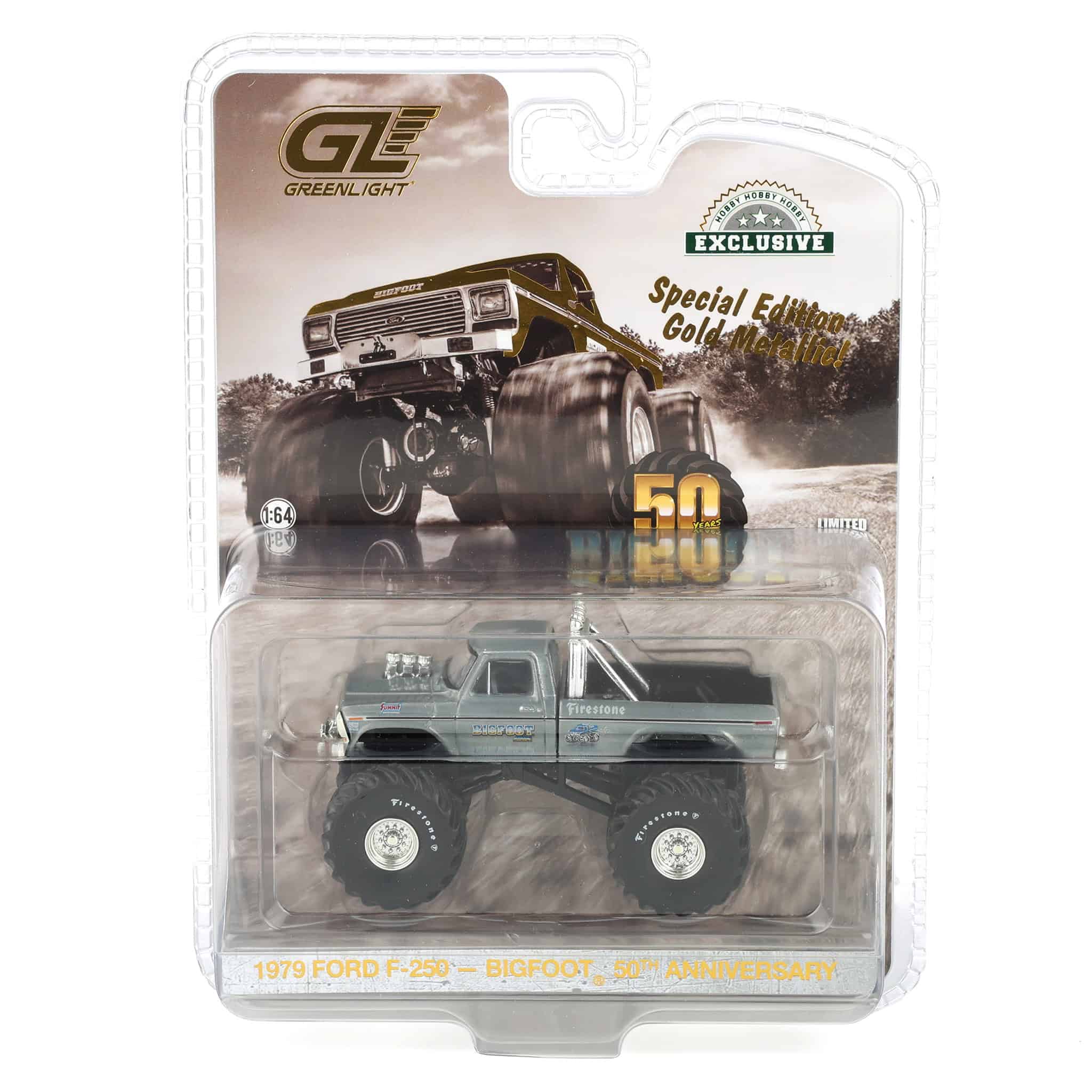 Raw Chase ~ 1/64 1979 Ford F-250 Monster Truck, Gold Metallic, Hobby Exclusive Bigfoot #1 50th Anniversary