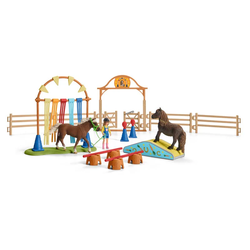 Pony Agility Training Set by Schleich includes 26 pieces