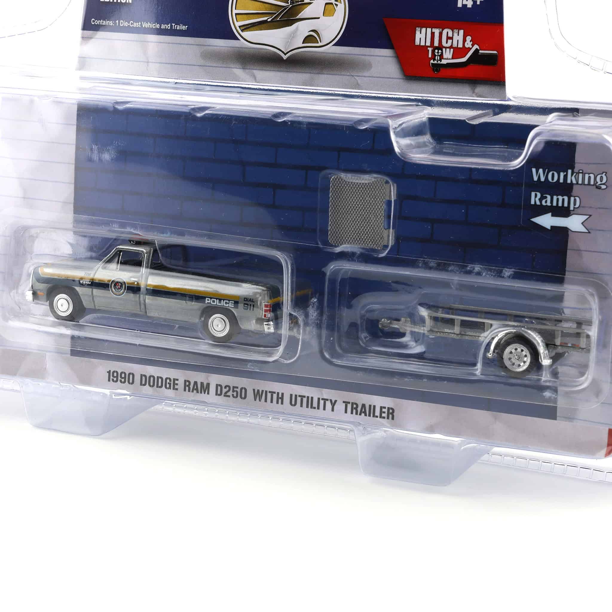 Raw Chase ~ 1/64 1990 Dodge Ram D-250 with Utility Trailer, Philadelphia, PA Police Department, Hot Pursuit Hitch & Tow Series 1 - Image 3