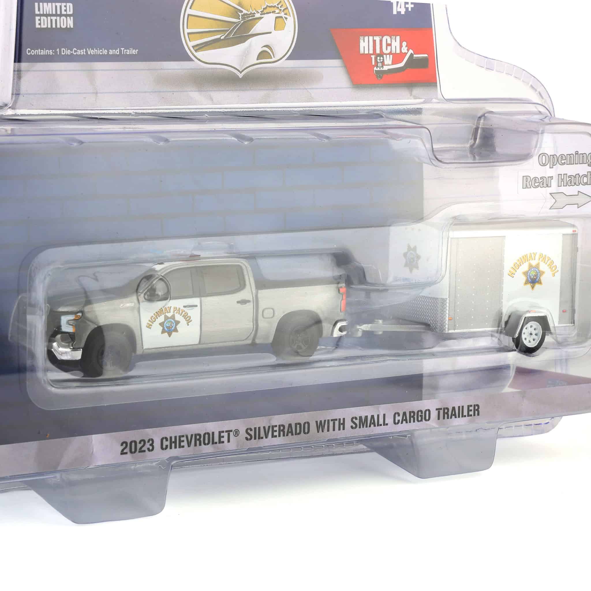 Raw Chase ~ 1/64 2023 Chevrolet Silverado with Small Cargo Trailer, California Highway Patrol, Hot Pursuit Hitch & Tow Series 1 - Image 2