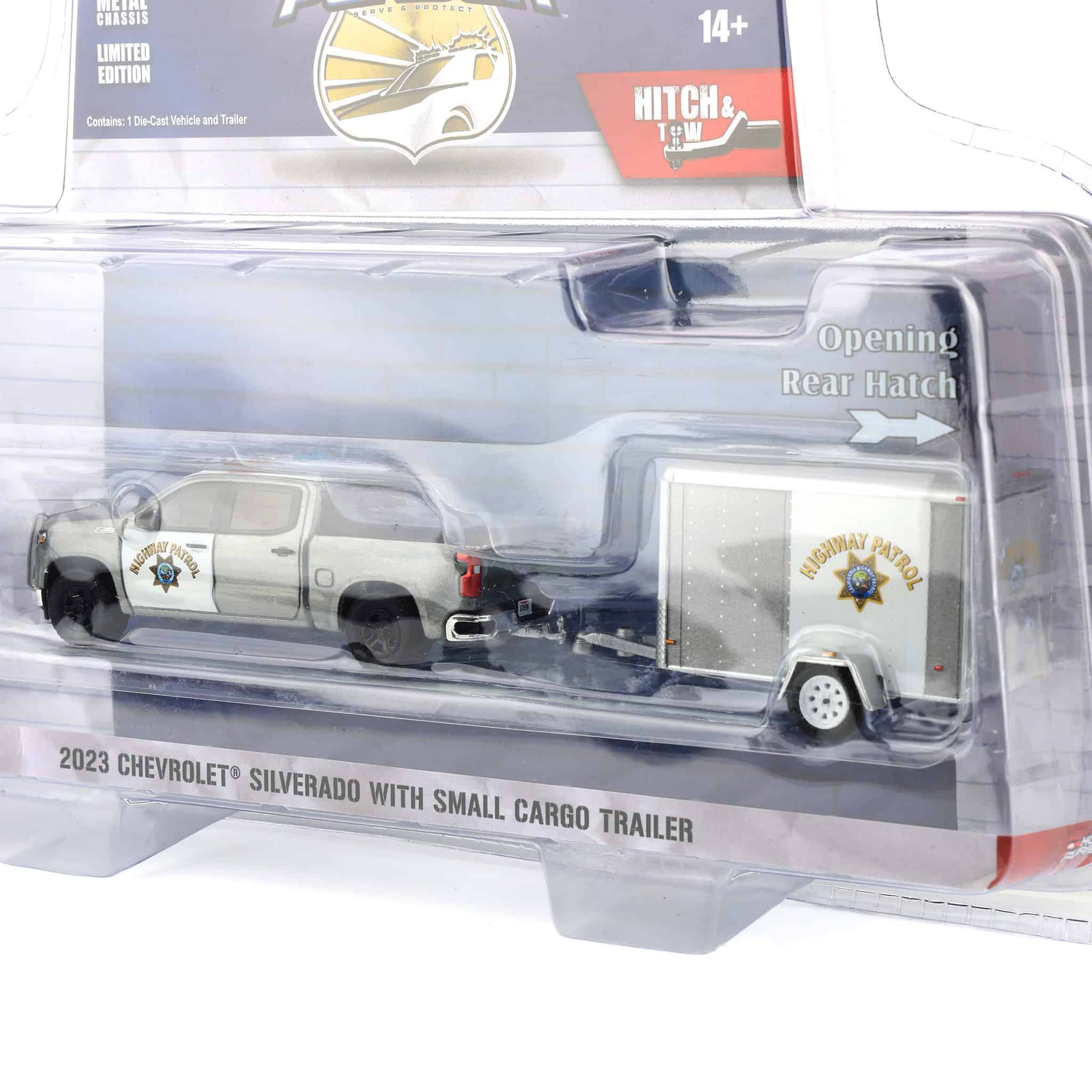 Raw Chase ~ 1/64 2023 Chevrolet Silverado with Small Cargo Trailer, California Highway Patrol, Hot Pursuit Hitch & Tow Series 1 - Image 3