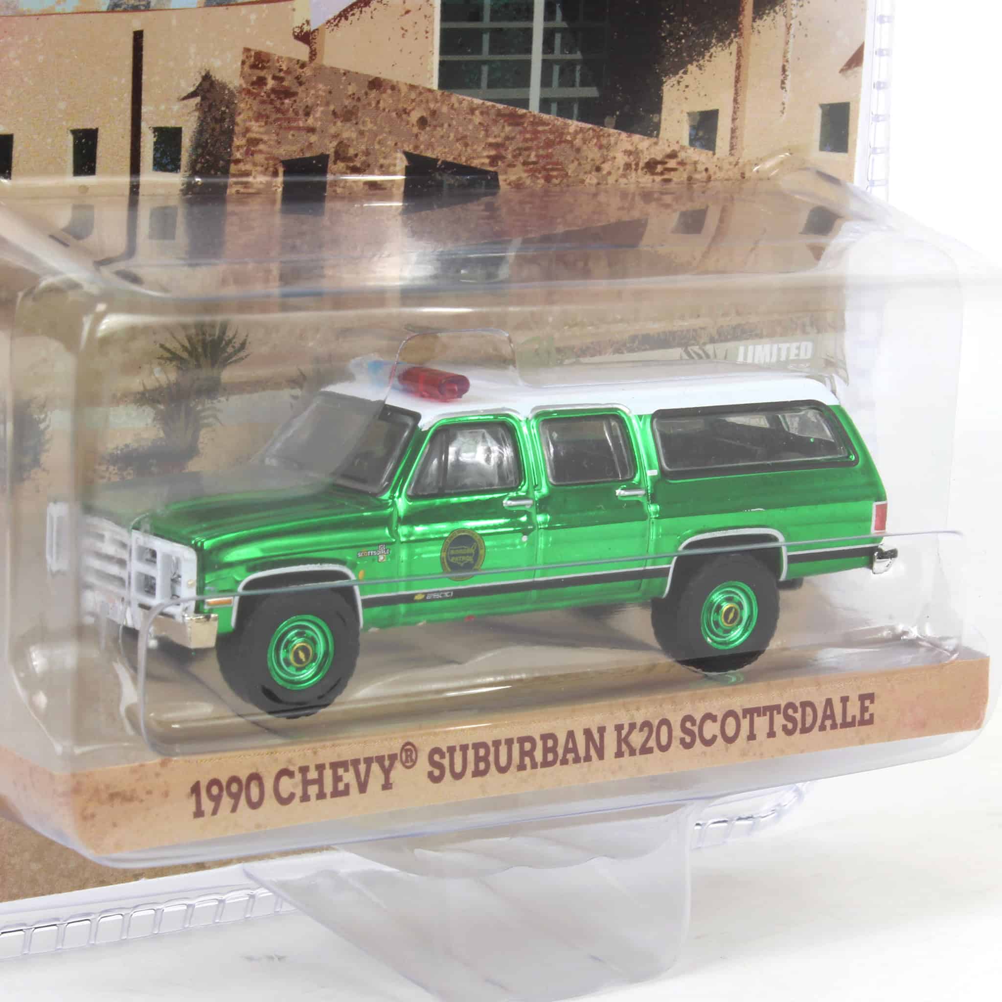 Green Chrome Super Chase ~ 1/64 1990 Chevrolet Suburban K20 Scottsdale, US Border Patrol, Hobby Exclusive - Image 2