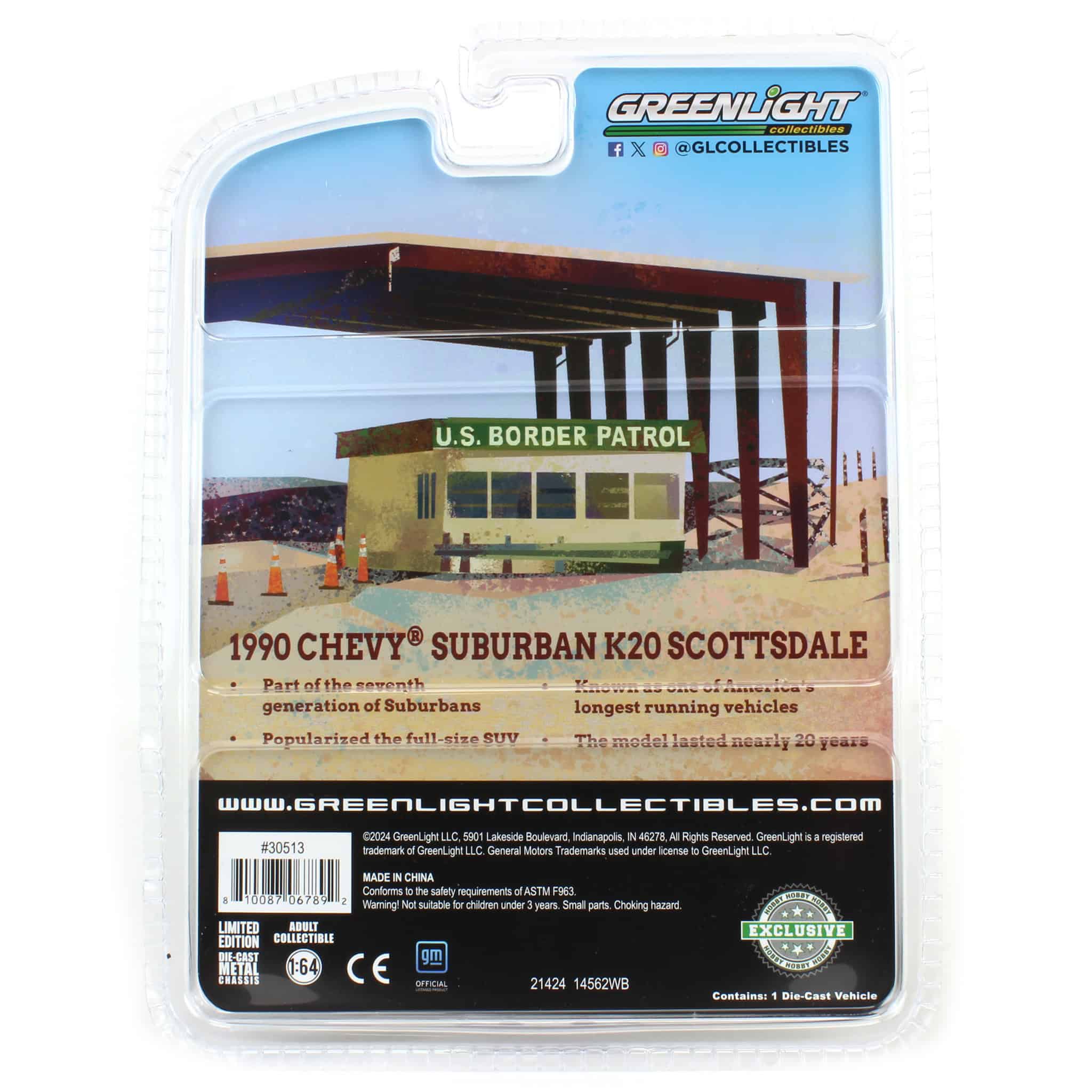 Green Chrome Super Chase ~ 1/64 1990 Chevrolet Suburban K20 Scottsdale, US Border Patrol, Hobby Exclusive - Image 3