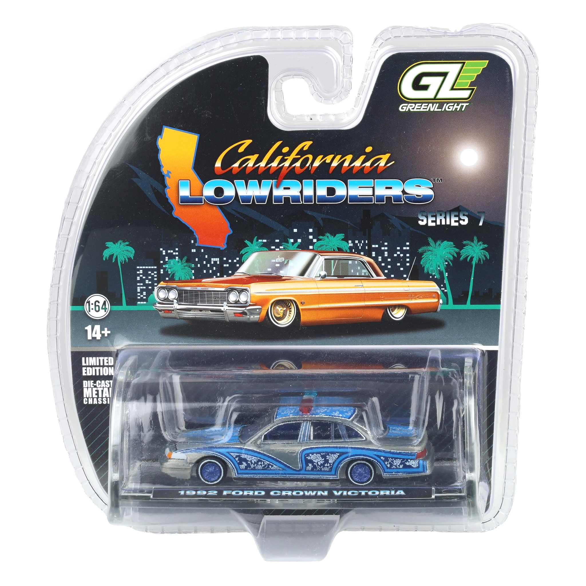 Raw Chase Unit ~ 1/64 1992 Ford Crown Victoria Lowrider, Blue with Lightbar, California Lowriders Series 7 by GreenLight