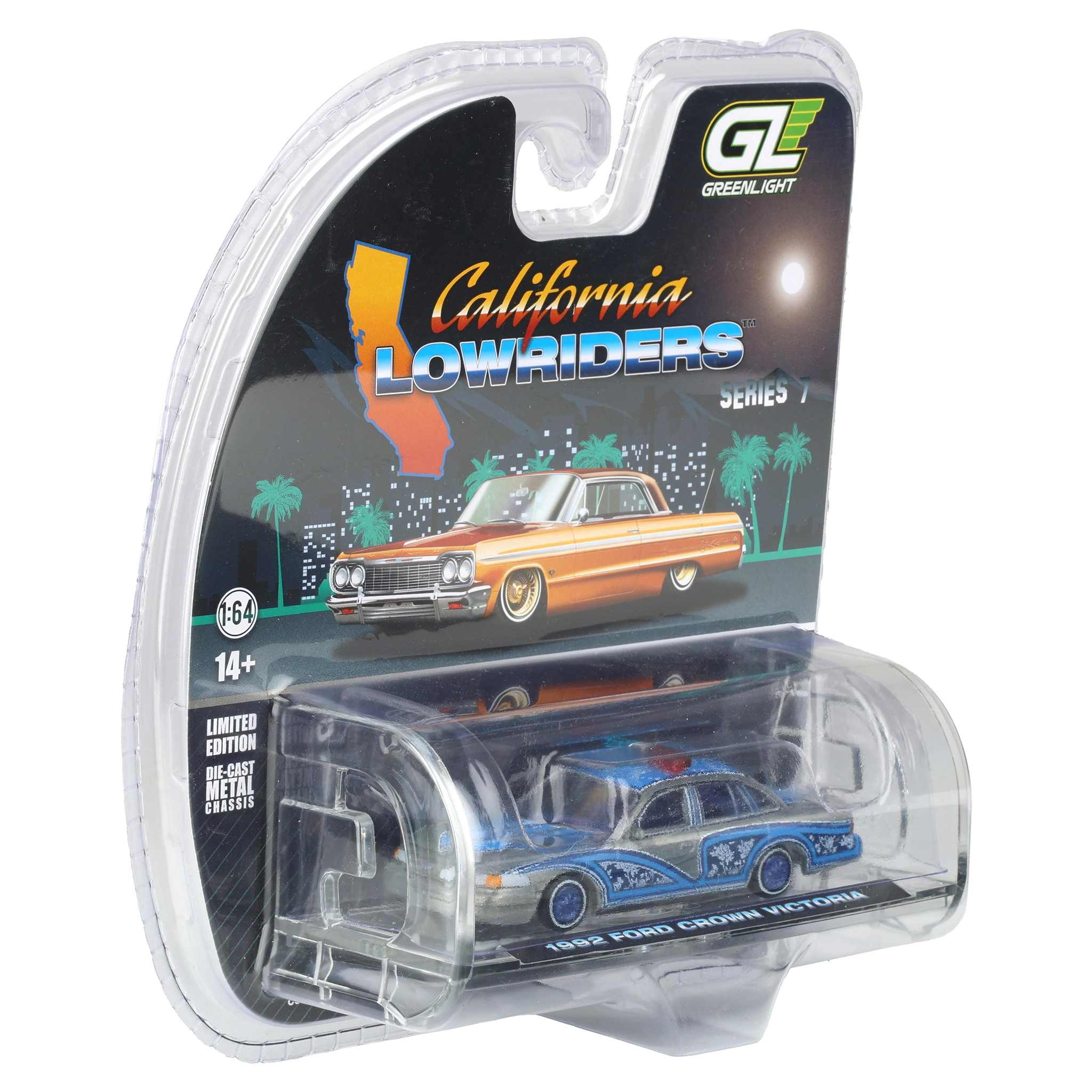 Raw Chase Unit ~ 1/64 1992 Ford Crown Victoria Lowrider, Blue with Lightbar, California Lowriders Series 7 by GreenLight - Image 2