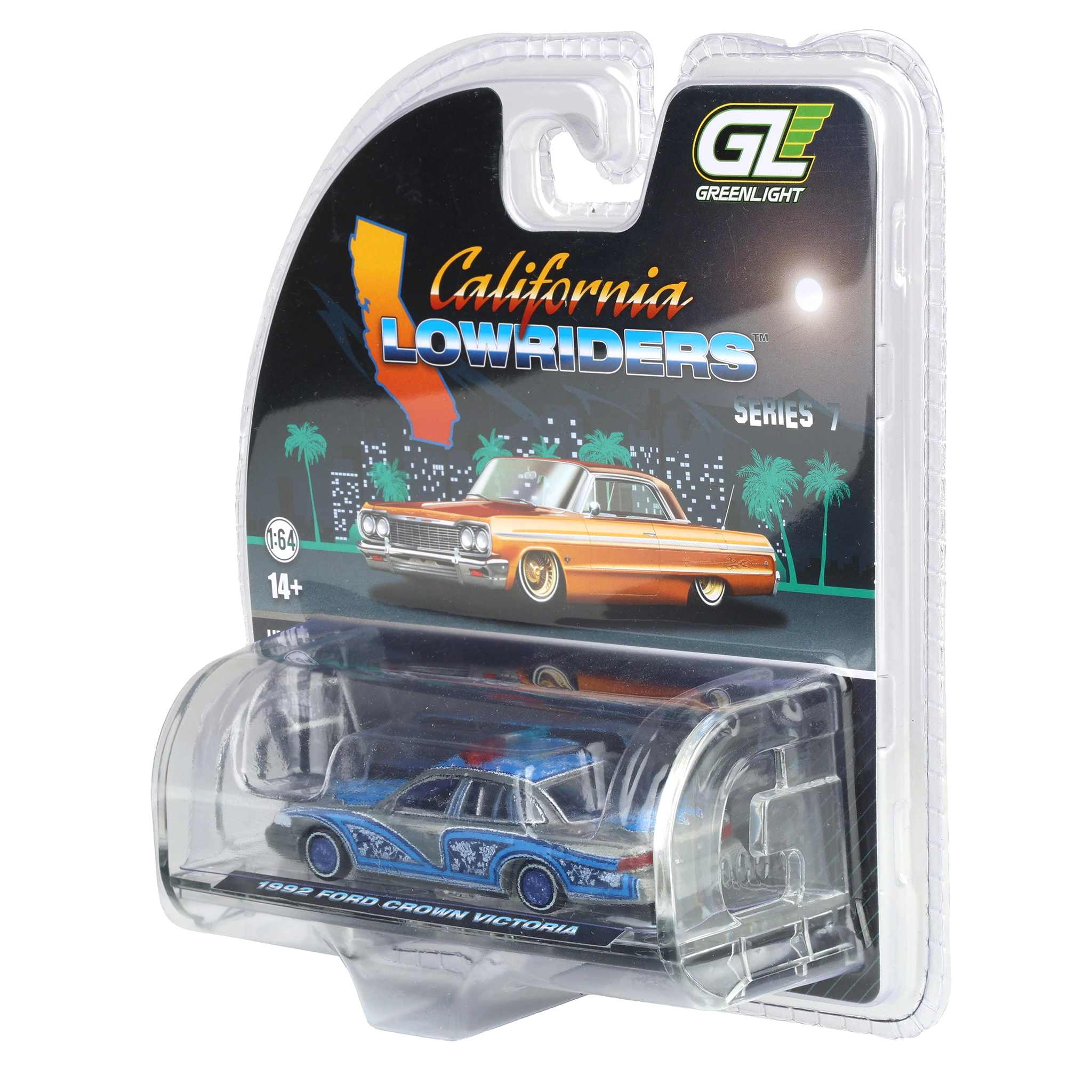 Raw Chase Unit ~ 1/64 1992 Ford Crown Victoria Lowrider, Blue with Lightbar, California Lowriders Series 7 by GreenLight - Image 3