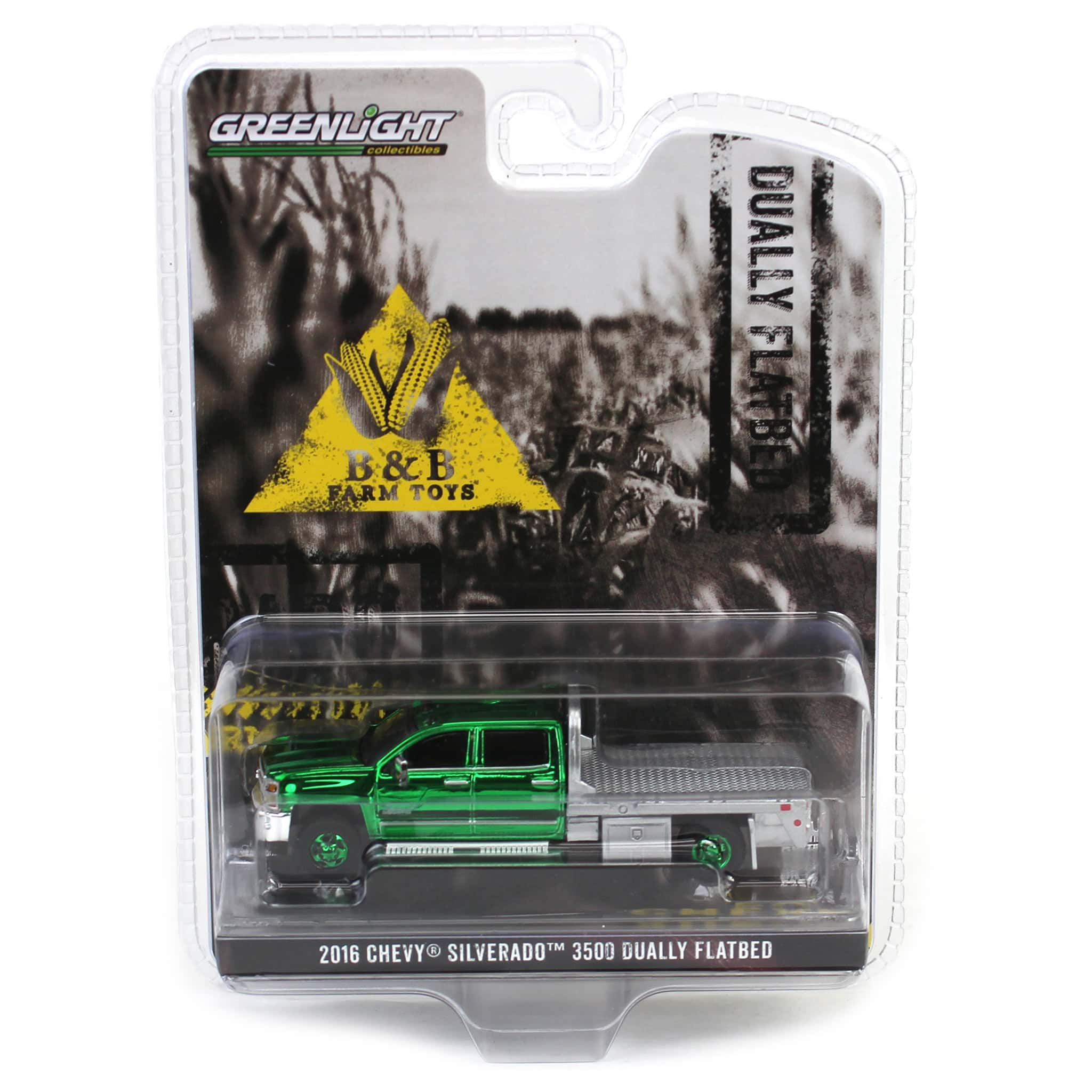 Green Chrome Chase Unit ~ 1/64 2016 Chevrolet Silverado 3500 Flatbed Dually, Blue, B&B Toys Exclusive