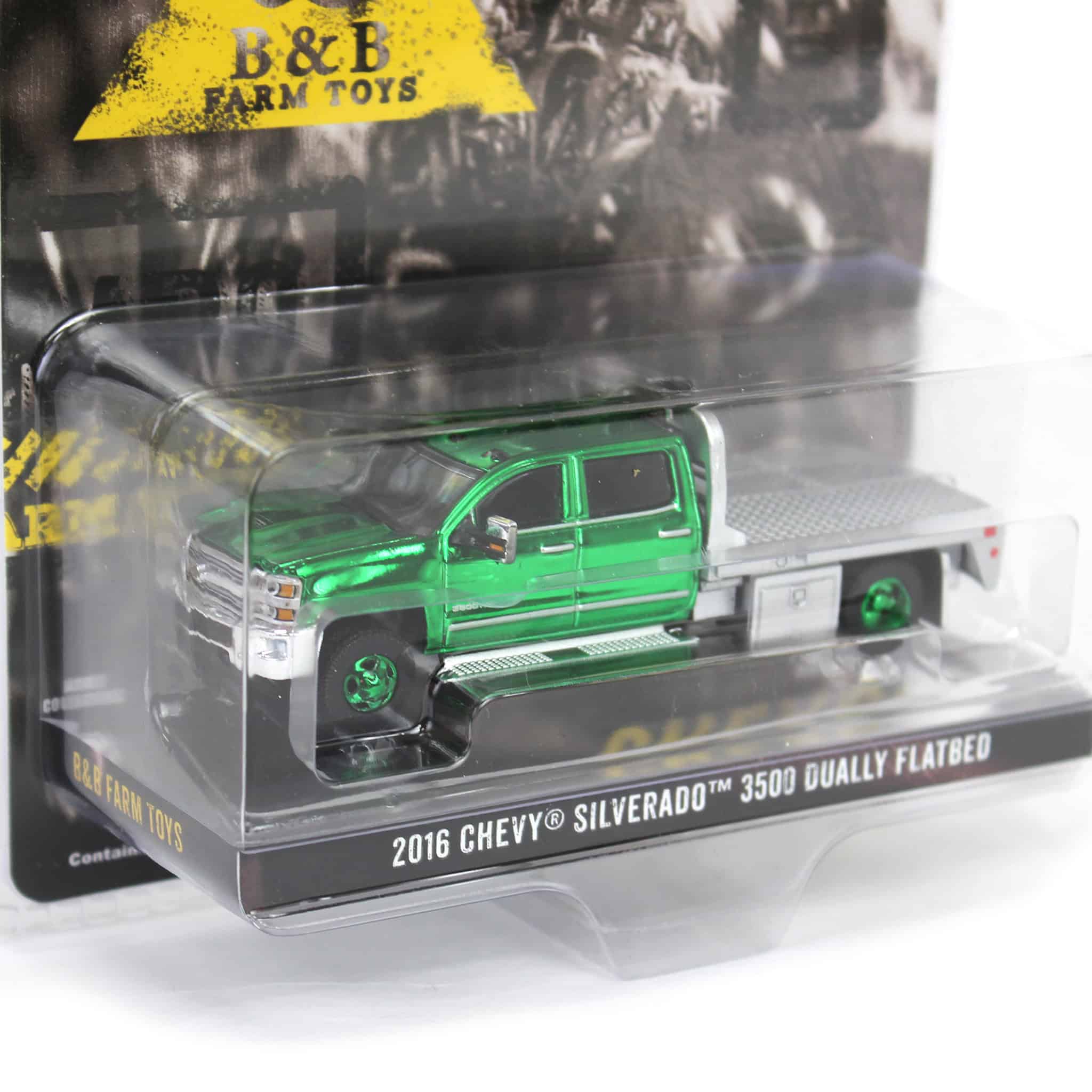Green Chrome Chase Unit ~ 1/64 2016 Chevrolet Silverado 3500 Flatbed Dually, Blue, B&B Toys Exclusive - Image 2