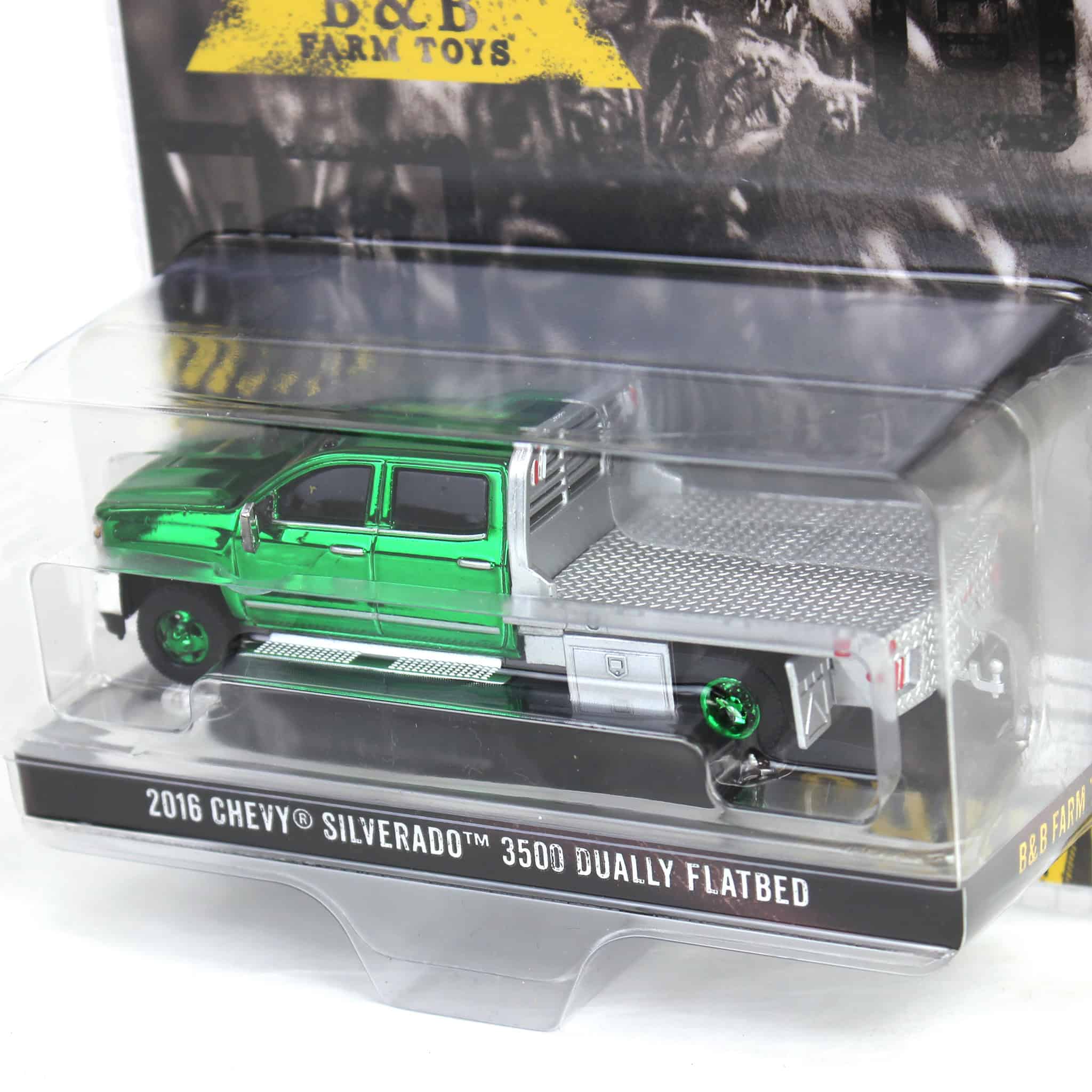 Green Chrome Chase Unit ~ 1/64 2016 Chevrolet Silverado 3500 Flatbed Dually, Blue, B&B Toys Exclusive - Image 3