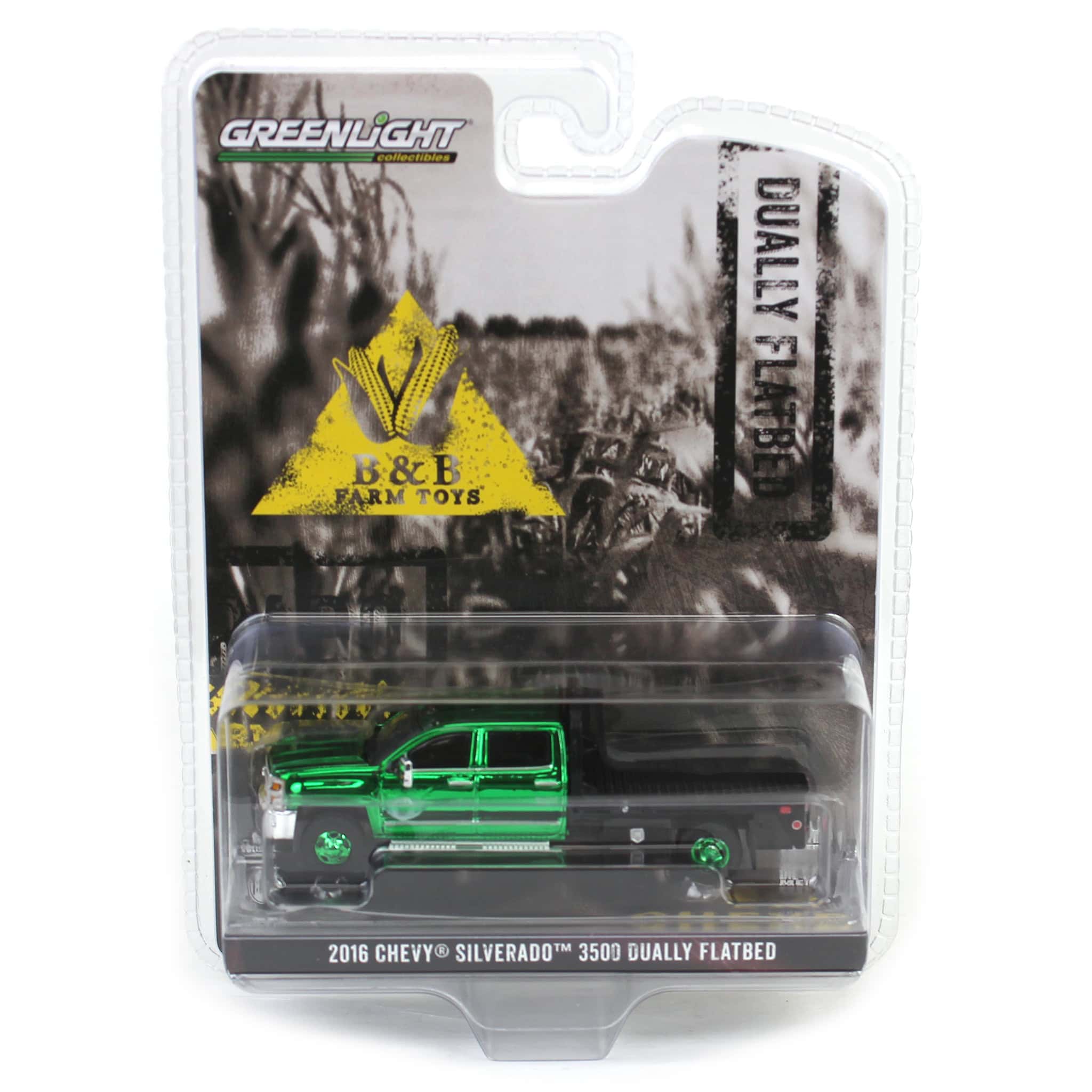 Green Chrome Chase Unit ~ 1/64 2016 Chevrolet Silverado 3500 Flatbed Dually, White, B&B Toys Exclusive