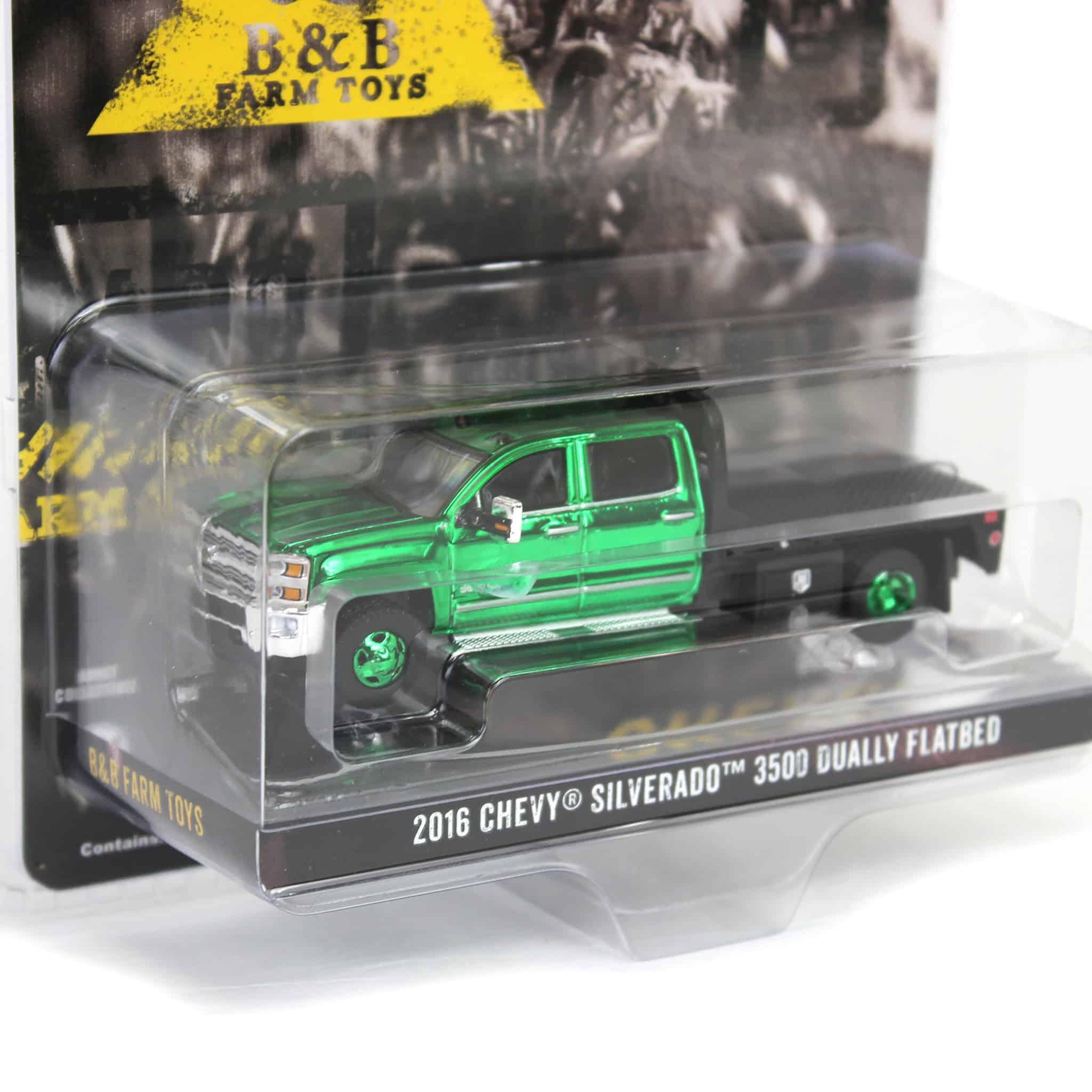 Green Chrome Chase Unit ~ 1/64 2016 Chevrolet Silverado 3500 Flatbed Dually, White, B&B Toys Exclusive - Image 2