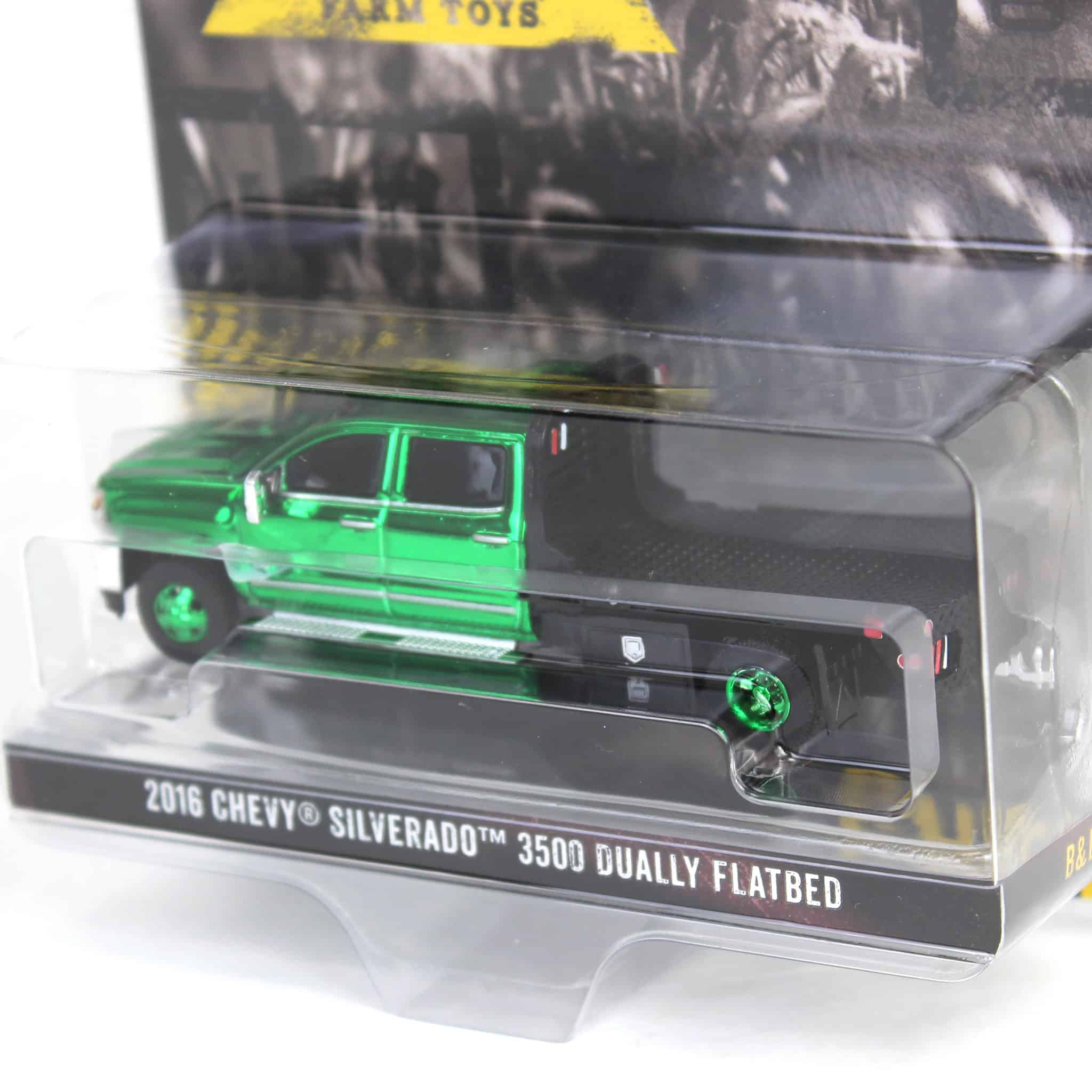 Green Chrome Chase Unit ~ 1/64 2016 Chevrolet Silverado 3500 Flatbed Dually, White, B&B Toys Exclusive - Image 3