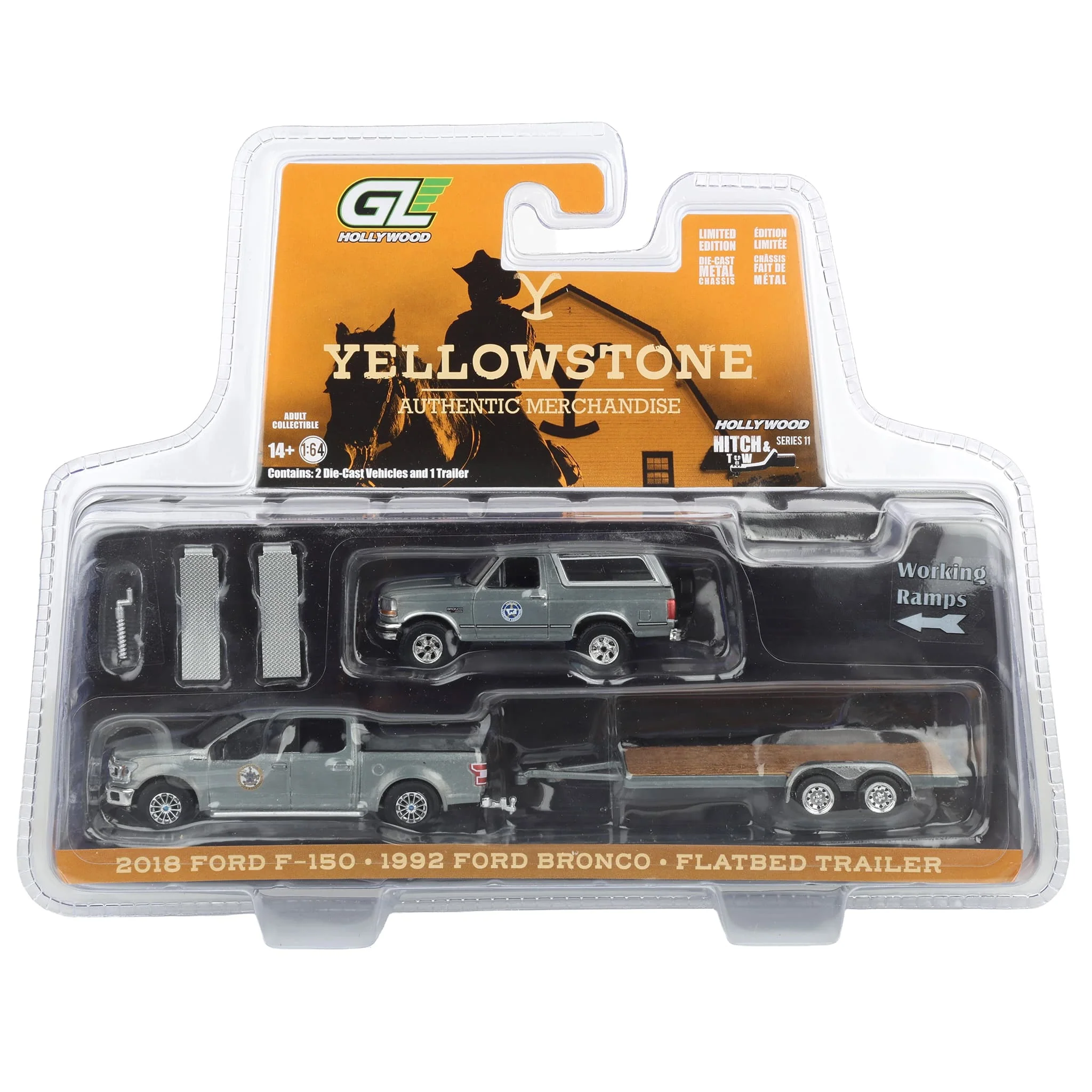 Raw Chase Unit ~ 1/64 2018 Ford F-150 Pickup Truck with 1992 Ford Bronco & Flatbed Trailer, Montana Livestock Assoc., Hitch & Tow Series 11
