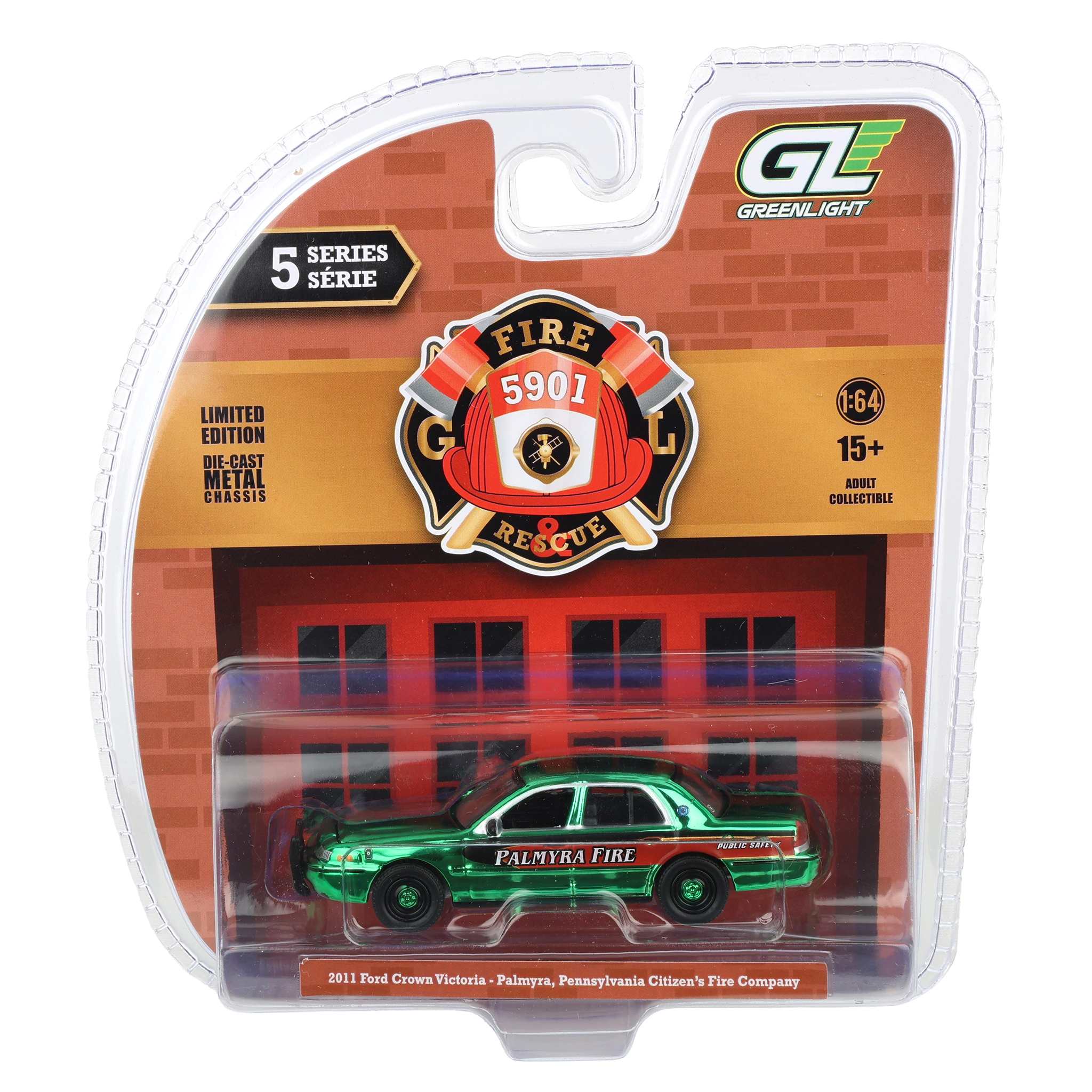 Green Chrome Chase Unit ~ 1/64 2011 Ford Crown Victoria, Palmyra, Pennsylvania Fire Department, Fire & Rescue Series 5