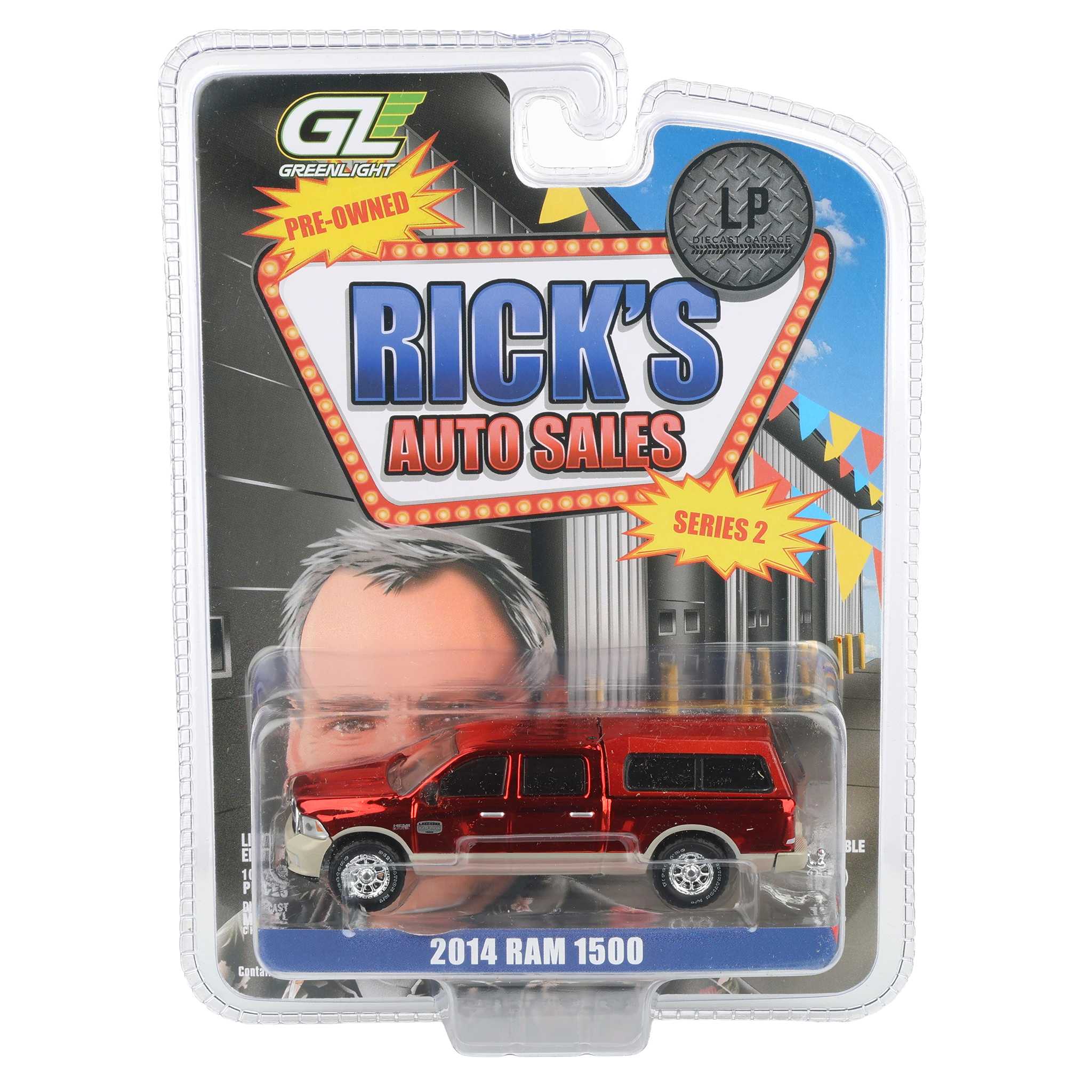 Red Chrome Chase Unit ~ 1/64 2015 Ram 1500 Longhorn Pickup Truck with Cap, Red & Gold, Rick's Auto Sales Series 2 by GreenLight Collectibles