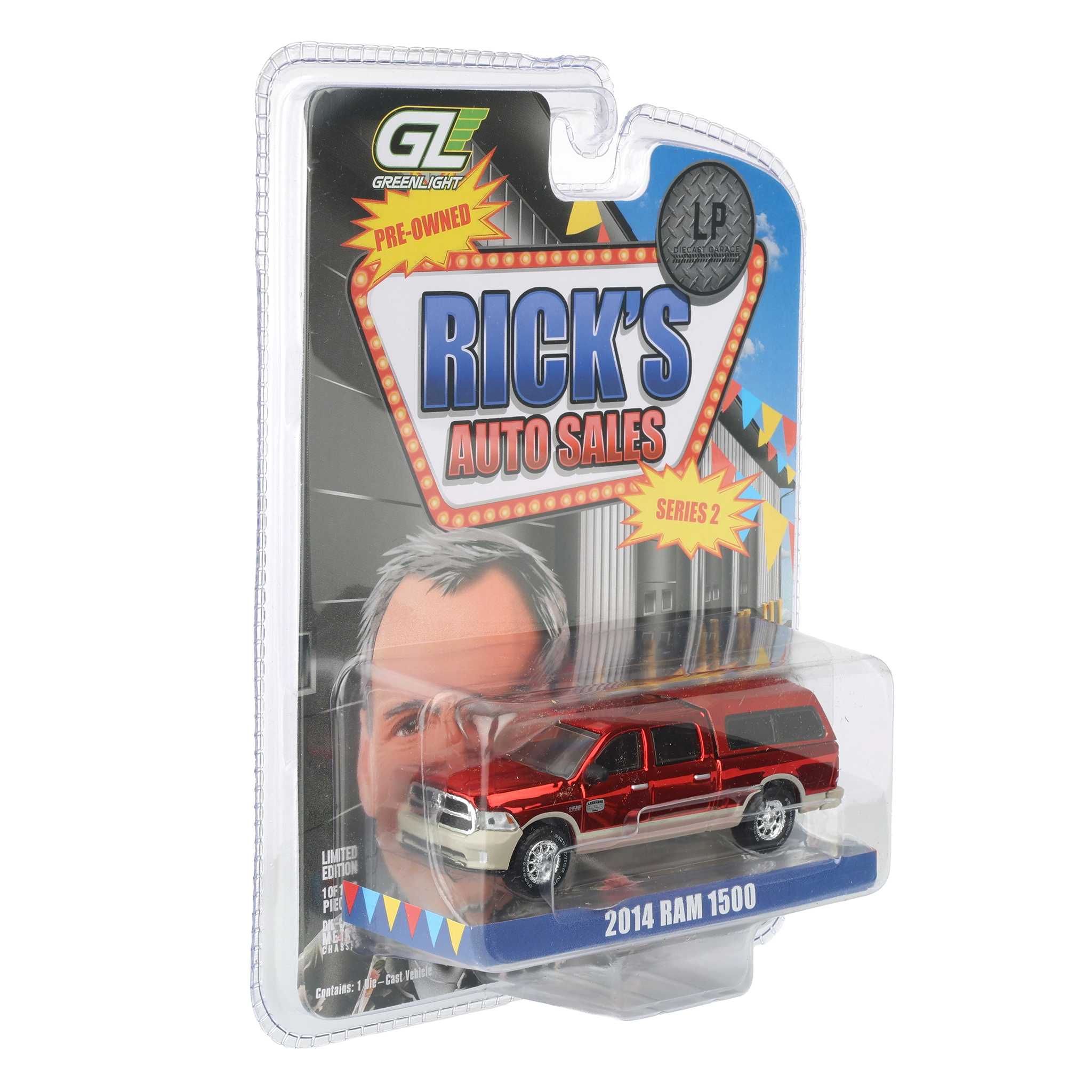 Red Chrome Chase Unit ~ 1/64 2015 Ram 1500 Longhorn Pickup Truck with Cap, Red & Gold, Rick's Auto Sales Series 2 by GreenLight Collectibles - Image 2