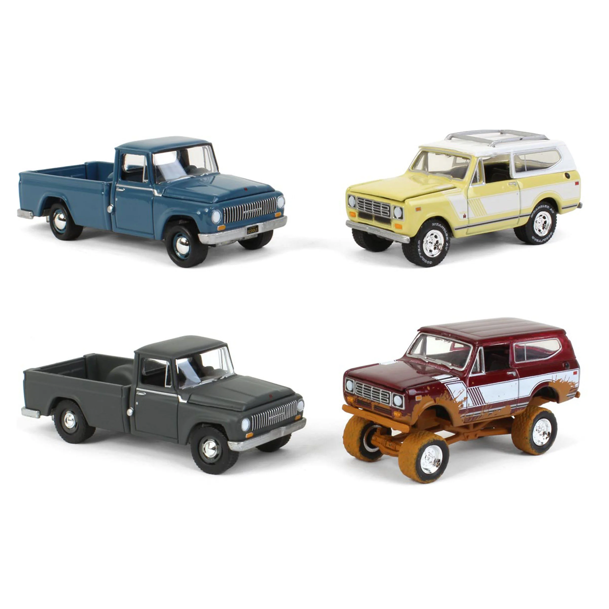 Regular Set ~ 1/64 Exclusive International Harvester 2 Packs with 1965 Model 1200s, 1979 Scout & Muddy 1979 Scout