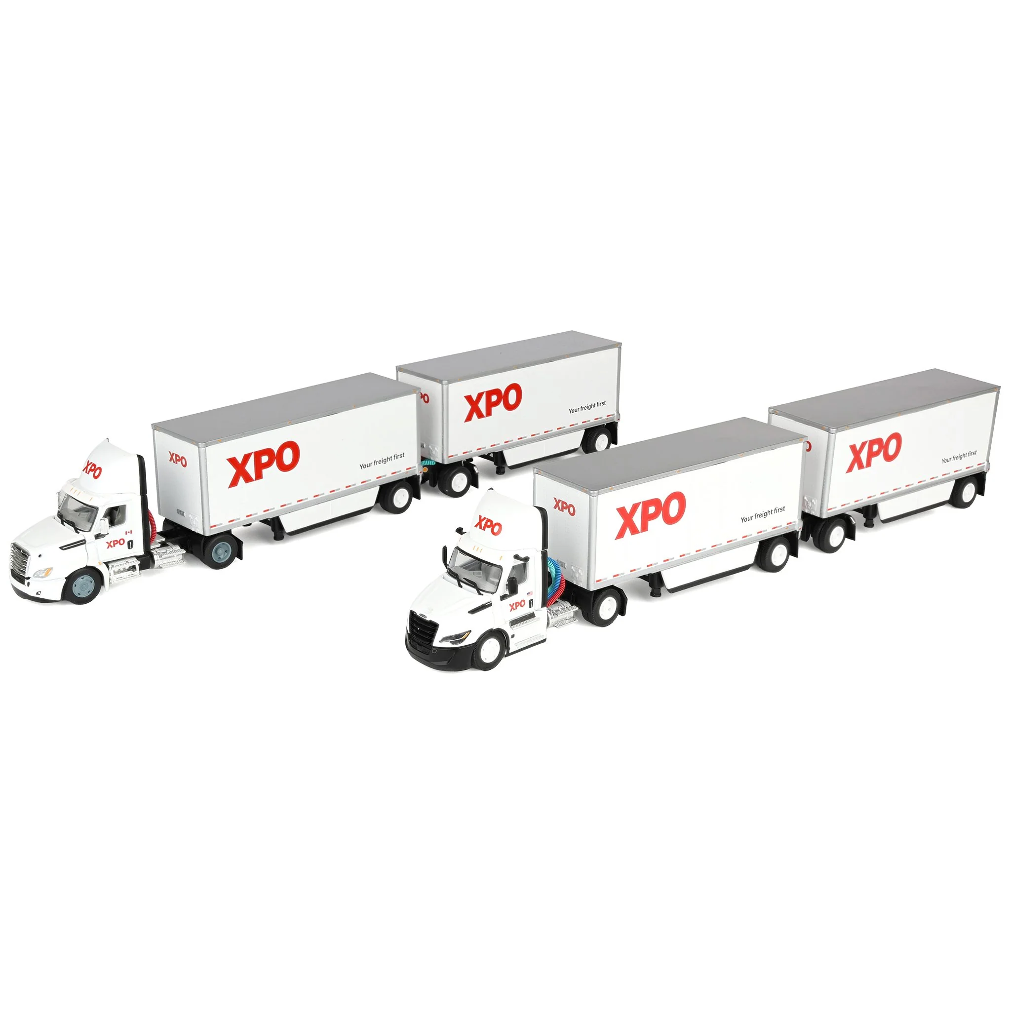 Set of USA & Canadian Versions ~ 1/64 XPO Freightliner Cascadia Semi Truck with Pup Trailers, DCP by First Gear