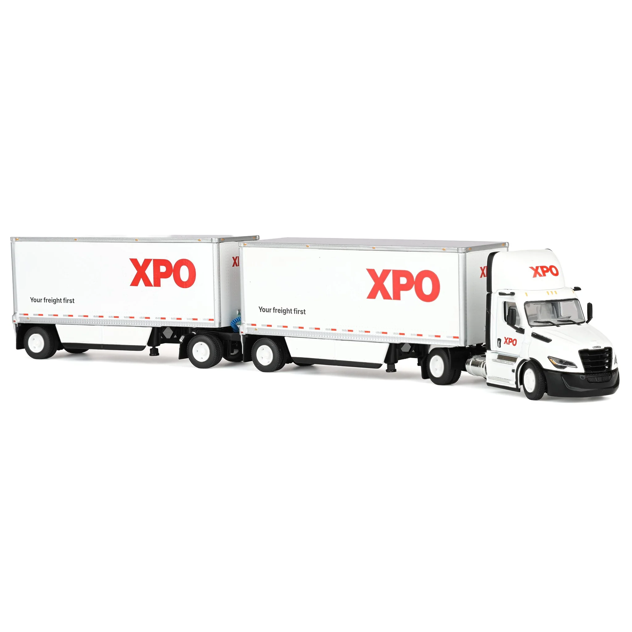 Set of USA & Canadian Versions ~ 1/64 XPO Freightliner Cascadia Semi Truck with Pup Trailers, DCP by First Gear - Image 2