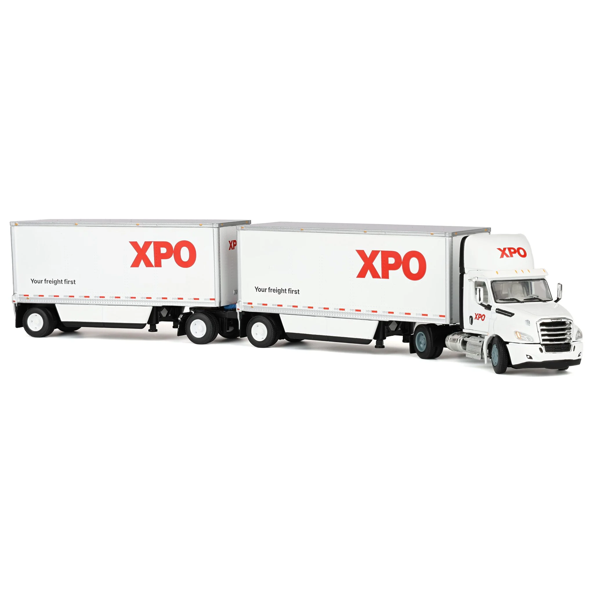 Set of USA & Canadian Versions ~ 1/64 XPO Freightliner Cascadia Semi Truck with Pup Trailers, DCP by First Gear - Image 3