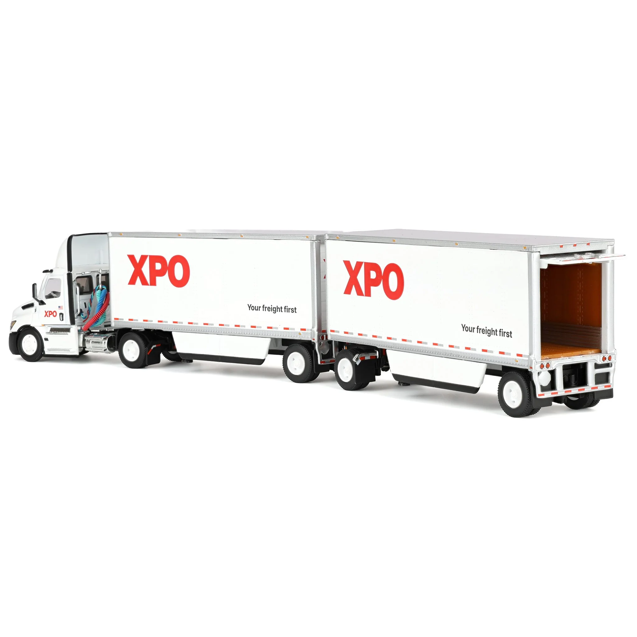 Set of USA & Canadian Versions ~ 1/64 XPO Freightliner Cascadia Semi Truck with Pup Trailers, DCP by First Gear - Image 4