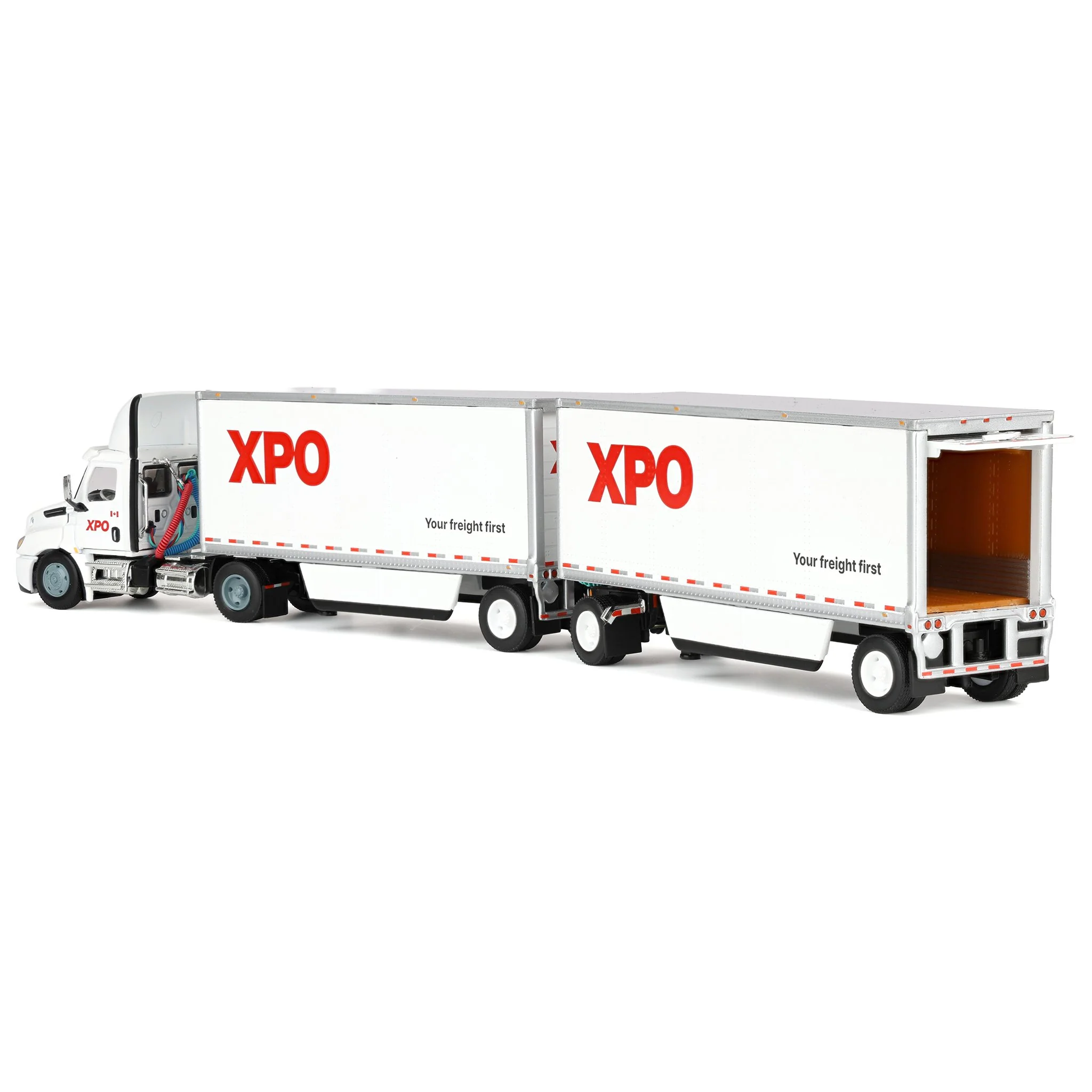 Set of USA & Canadian Versions ~ 1/64 XPO Freightliner Cascadia Semi Truck with Pup Trailers, DCP by First Gear - Image 5