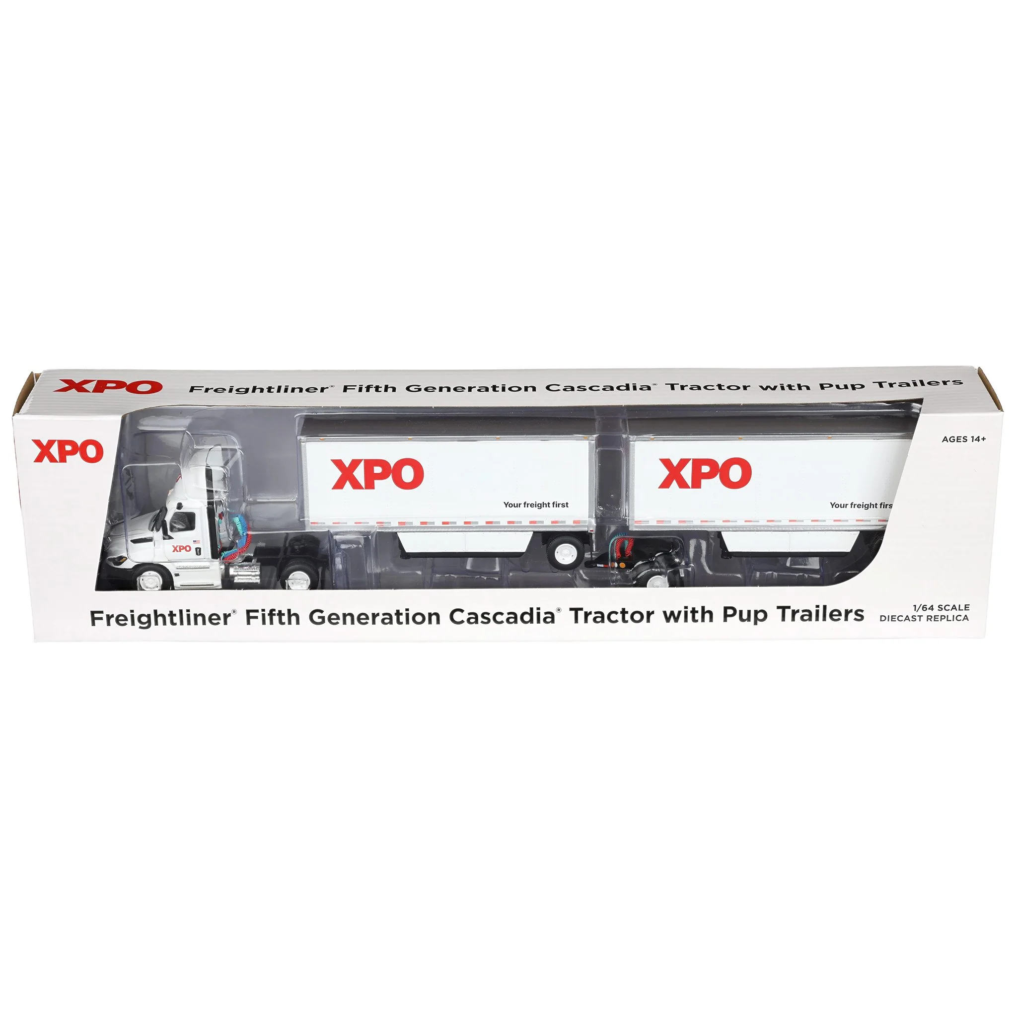 Set of USA & Canadian Versions ~ 1/64 XPO Freightliner Cascadia Semi Truck with Pup Trailers, DCP by First Gear - Image 6