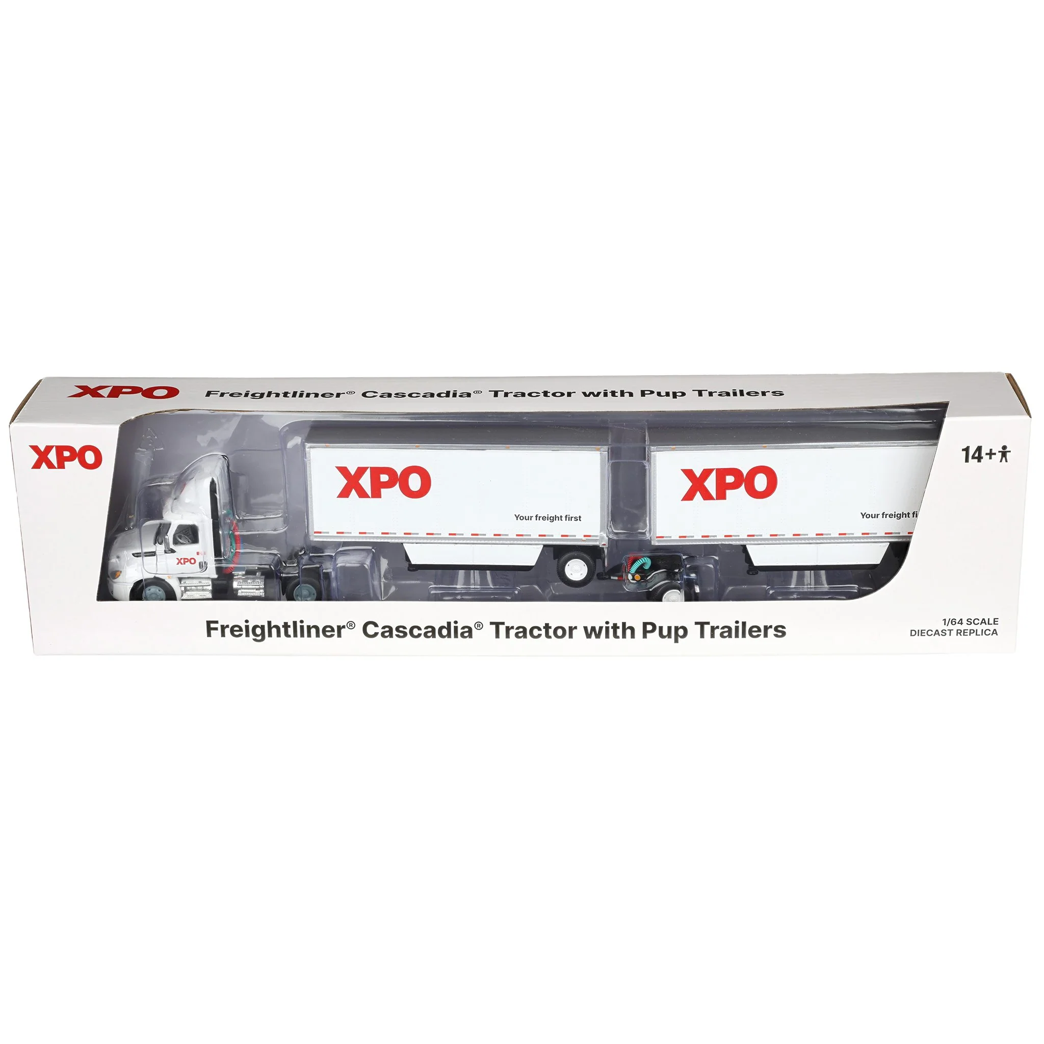 Set of USA & Canadian Versions ~ 1/64 XPO Freightliner Cascadia Semi Truck with Pup Trailers, DCP by First Gear - Image 7