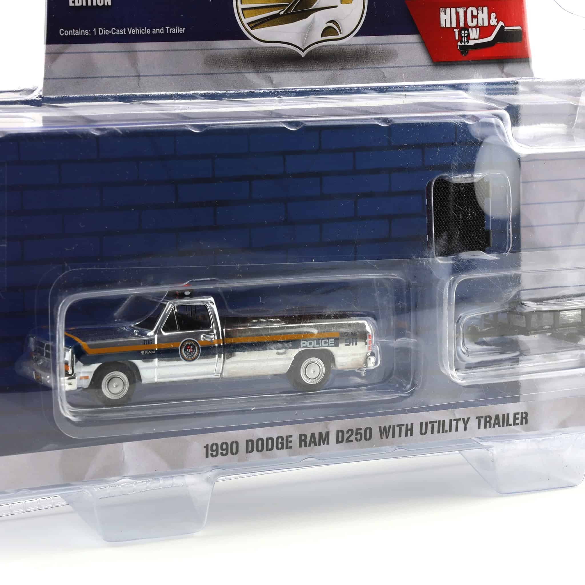 Silver Chrome Chase ~ 1/64 1990 Dodge Ram D-250 with Utility Trailer, Philadelphia, PA Police Department, Hot Pursuit Hitch & Tow Series 1 - Image 2