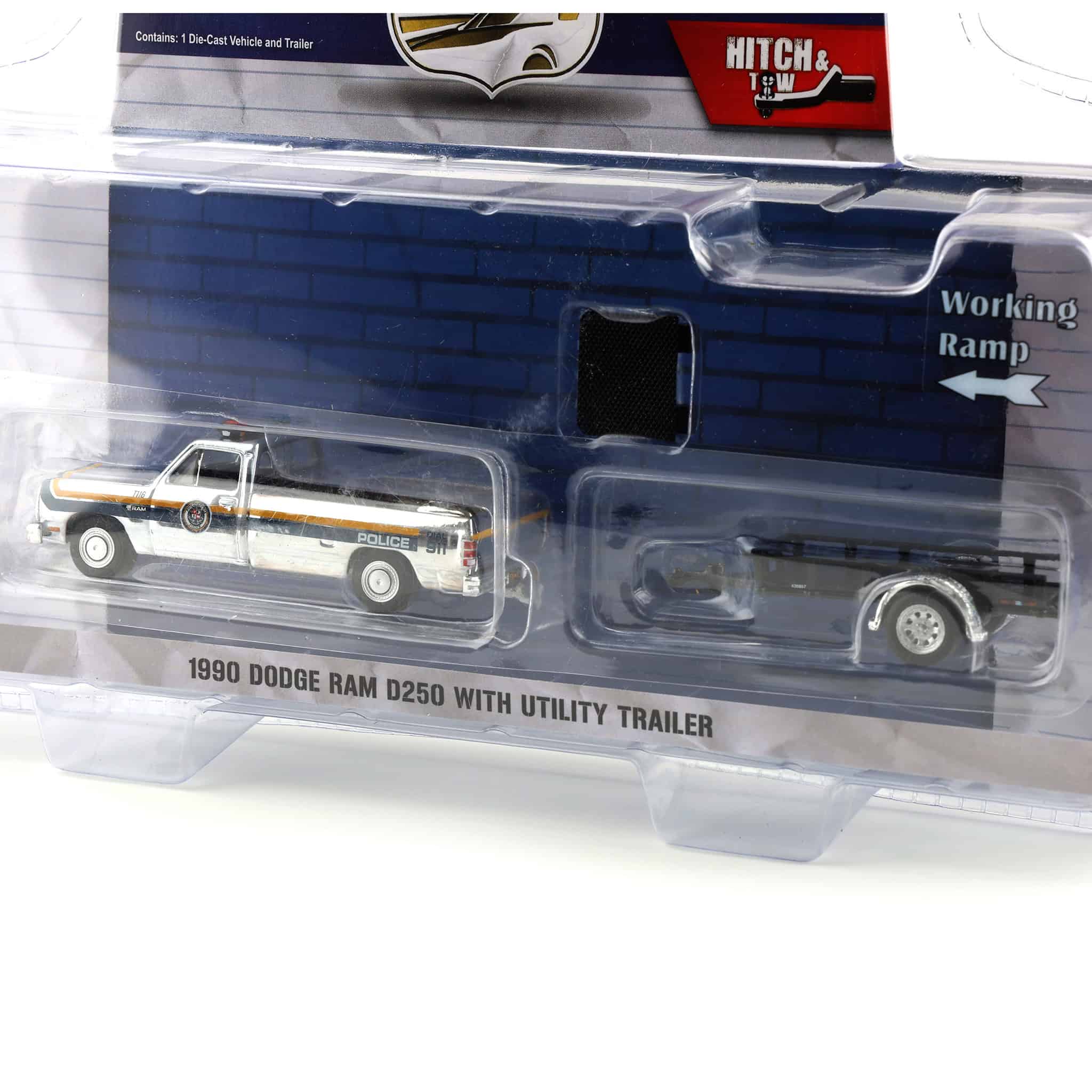 Silver Chrome Chase ~ 1/64 1990 Dodge Ram D-250 with Utility Trailer, Philadelphia, PA Police Department, Hot Pursuit Hitch & Tow Series 1 - Image 3