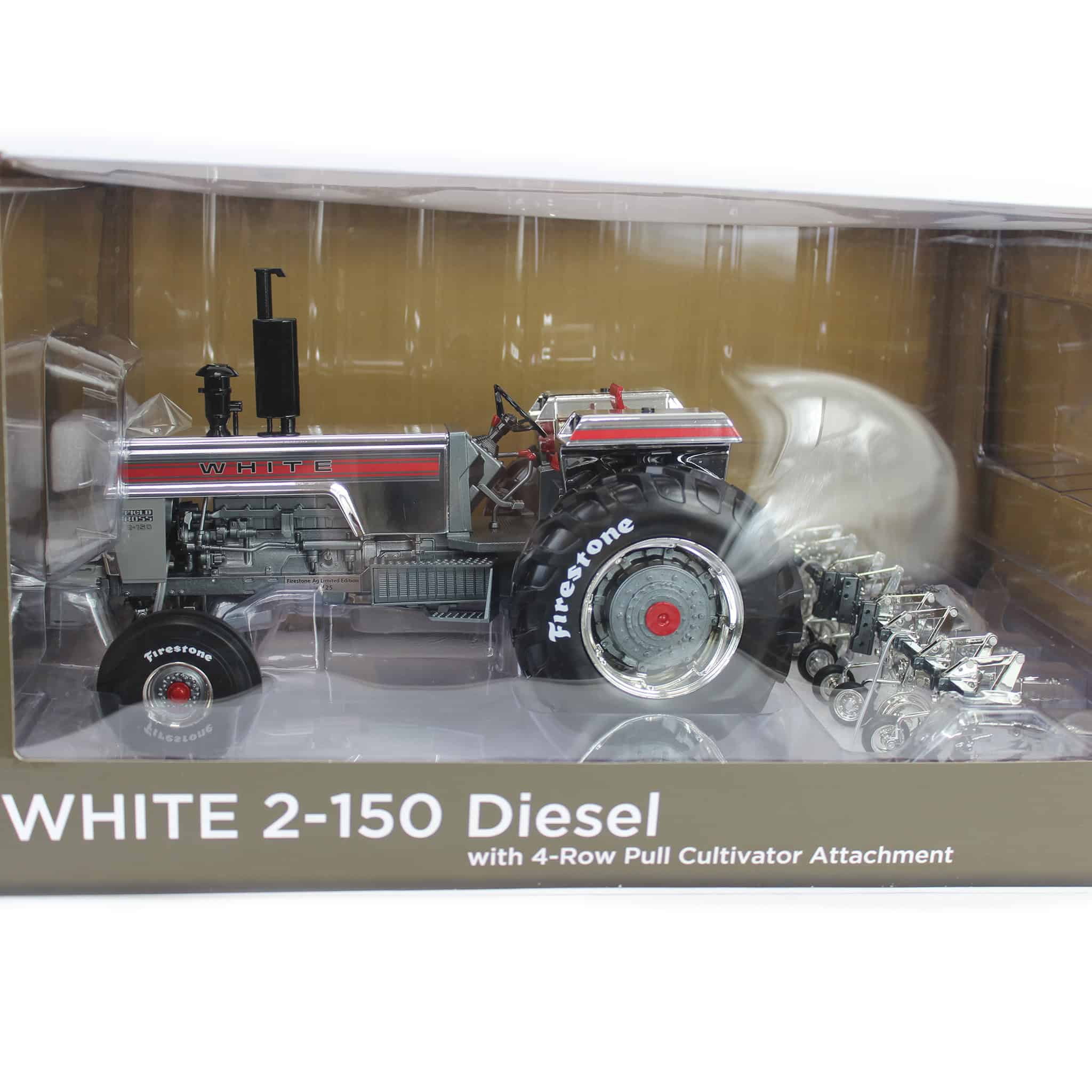 Silver Chrome Chase Unit ~ 1/16 White 2-150 Diesel Tractor with 4-Row Rear Cultivator by SpecCast, 2025 Firestone Series - Image 3