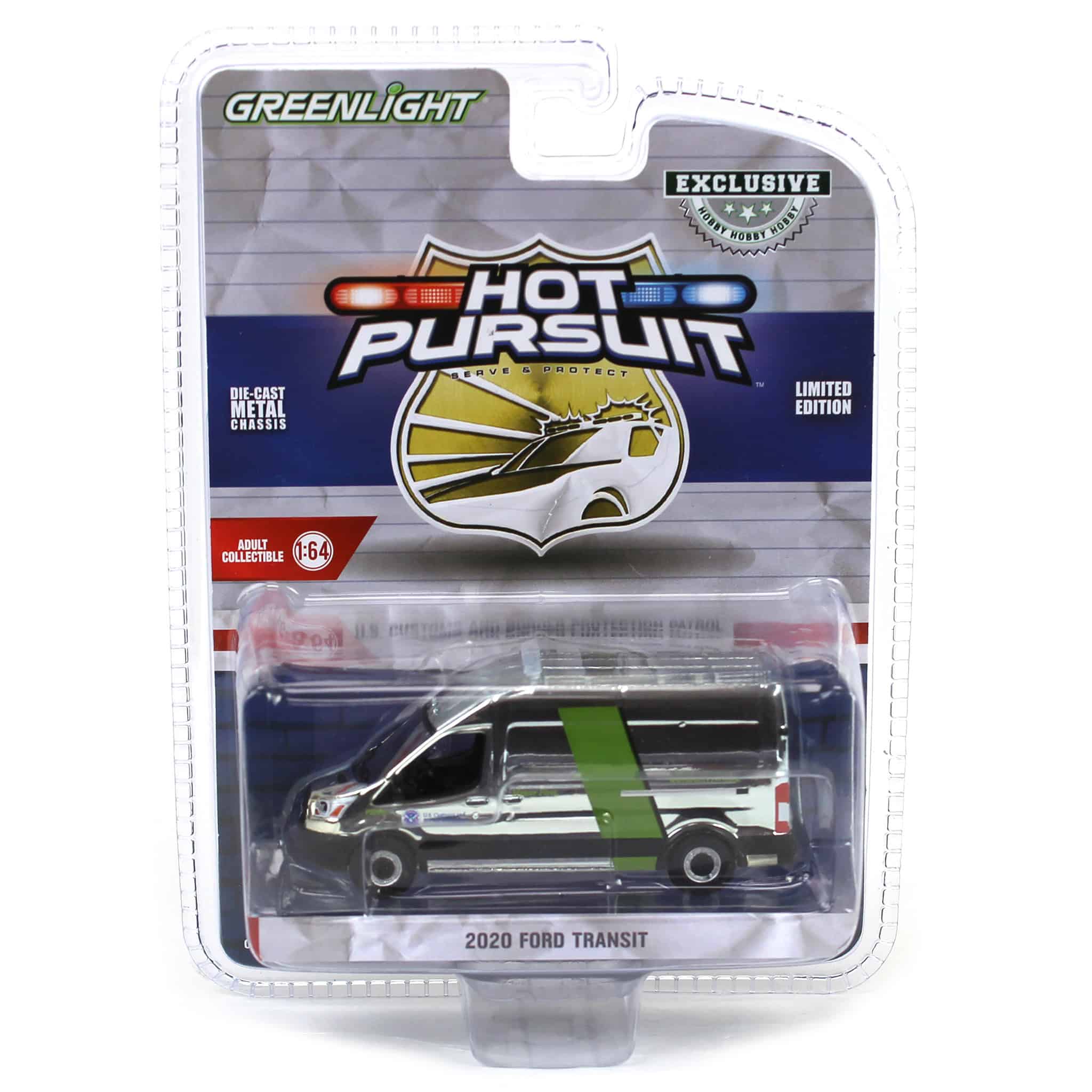 Silver Chrome Super Chase ~ 1/64 2020 Ford Transit LWB High Roof, US Customs & Border Patrol, Hot Pursuit Special Edition