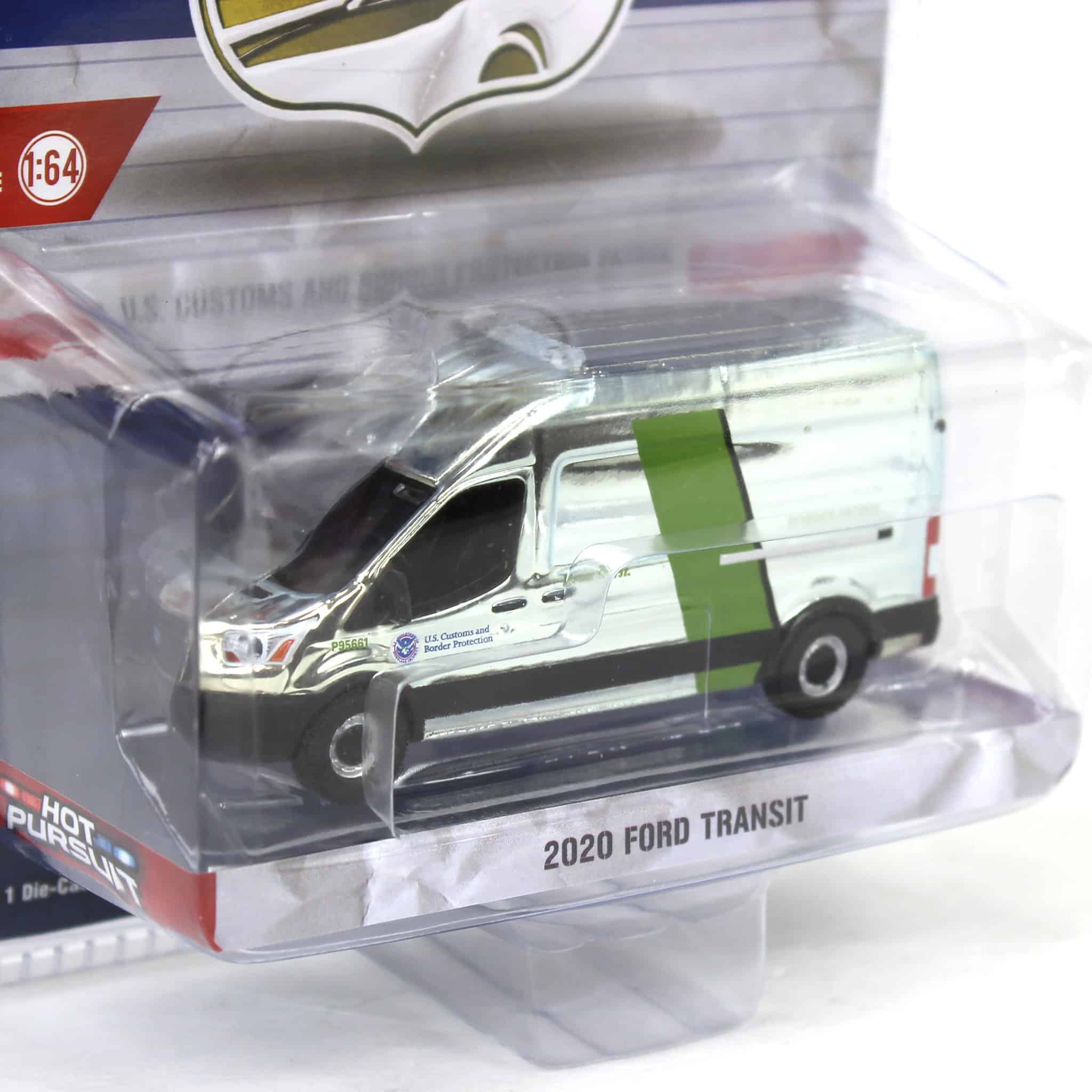 Silver Chrome Super Chase ~ 1/64 2020 Ford Transit LWB High Roof, US Customs & Border Patrol, Hot Pursuit Special Edition - Image 2