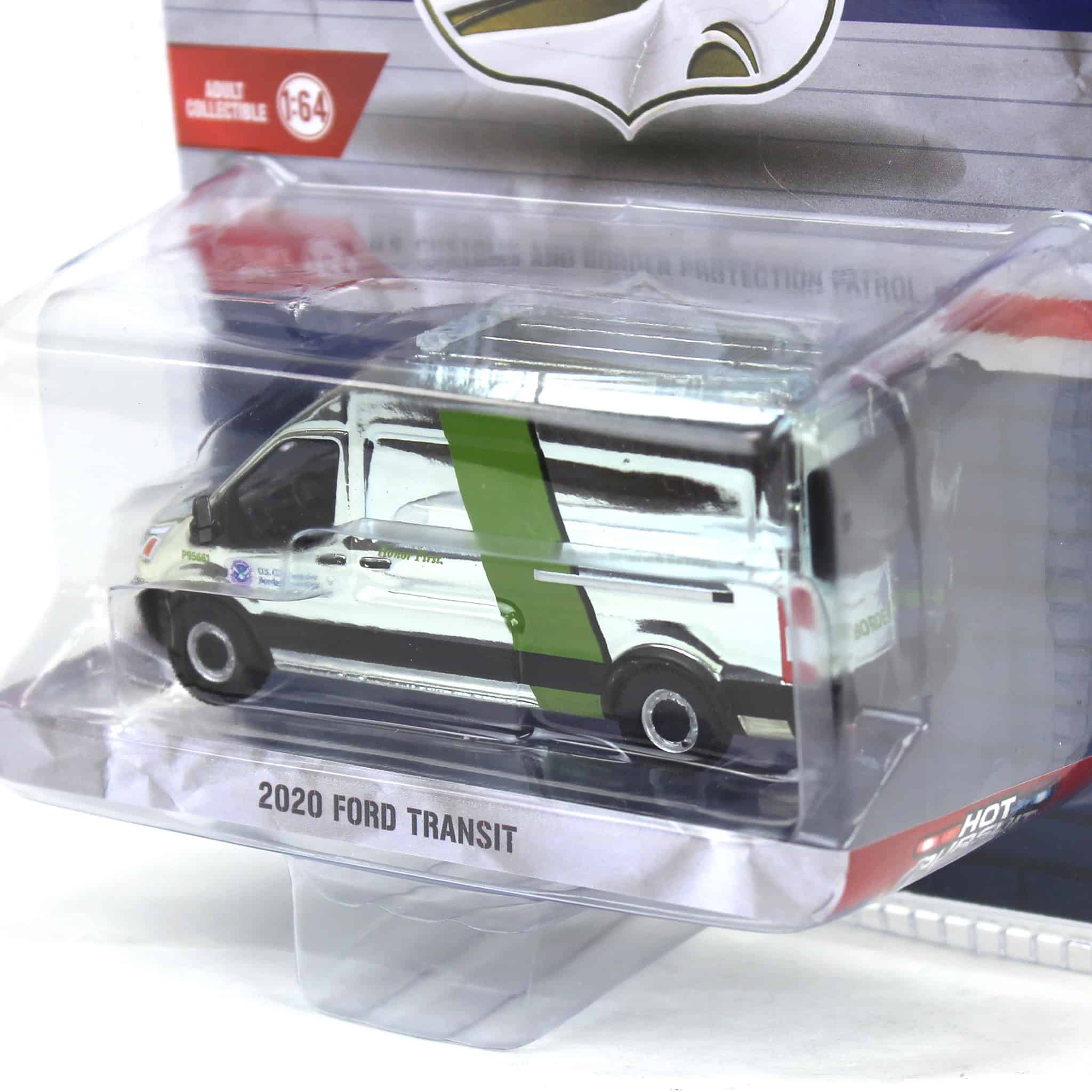 Silver Chrome Super Chase ~ 1/64 2020 Ford Transit LWB High Roof, US Customs & Border Patrol, Hot Pursuit Special Edition - Image 3