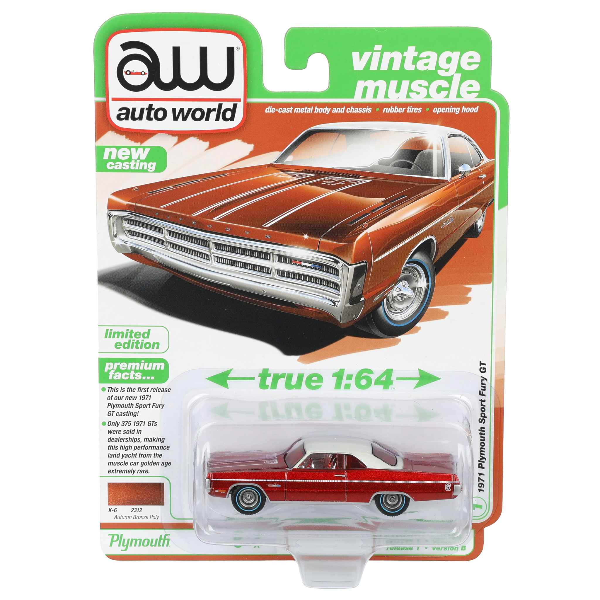 Ultra Red Chase Unit ~ 1/64 1971 Plymouth Sport Fury GT, Autumn Bronze Poly, Auto World Vintage Muscle Series
