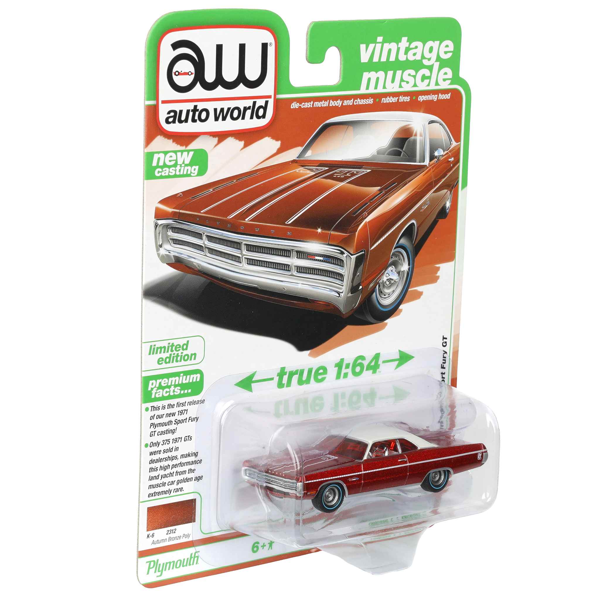 Ultra Red Chase Unit ~ 1/64 1971 Plymouth Sport Fury GT, Autumn Bronze Poly, Auto World Vintage Muscle Series - Image 2
