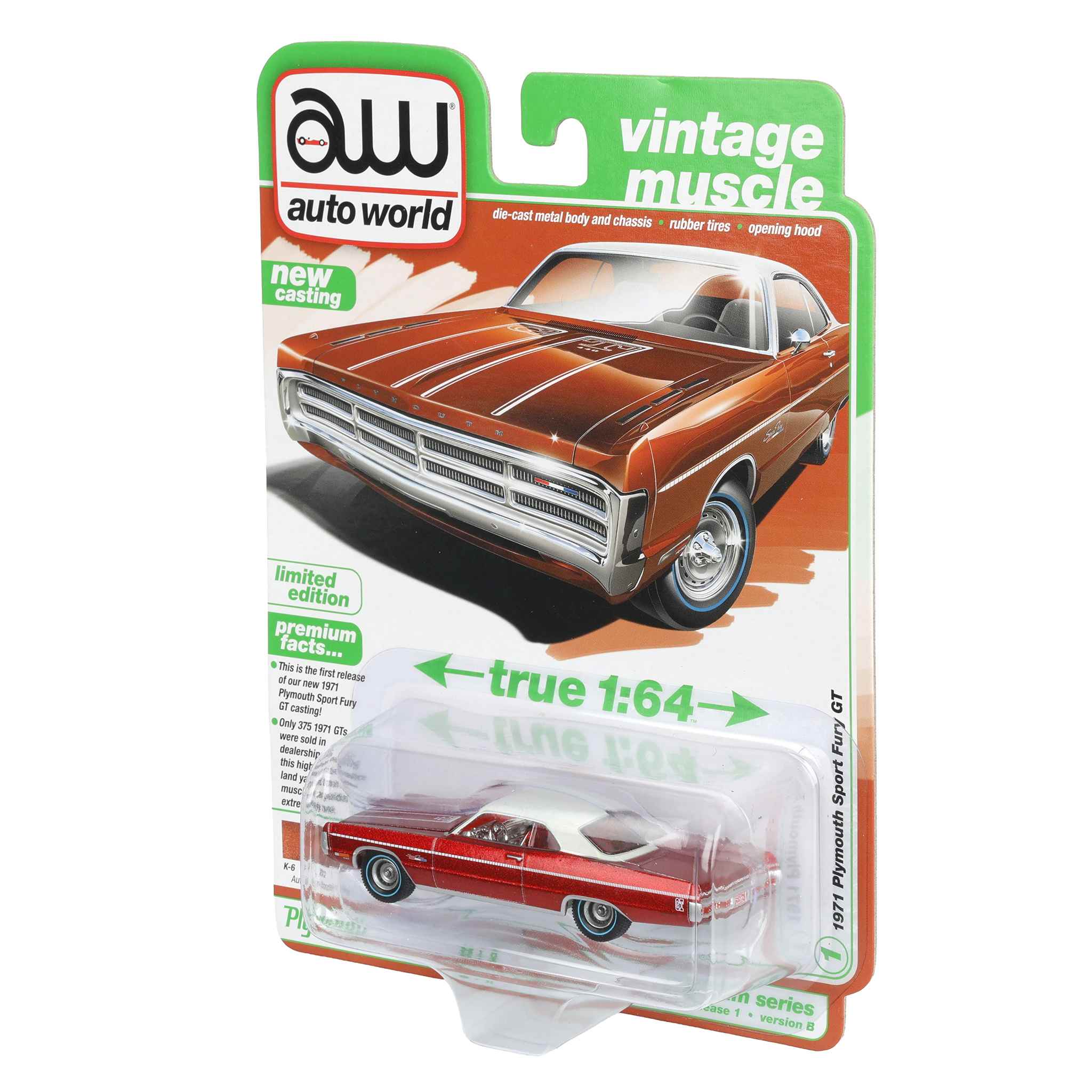 Ultra Red Chase Unit ~ 1/64 1971 Plymouth Sport Fury GT, Autumn Bronze Poly, Auto World Vintage Muscle Series - Image 3