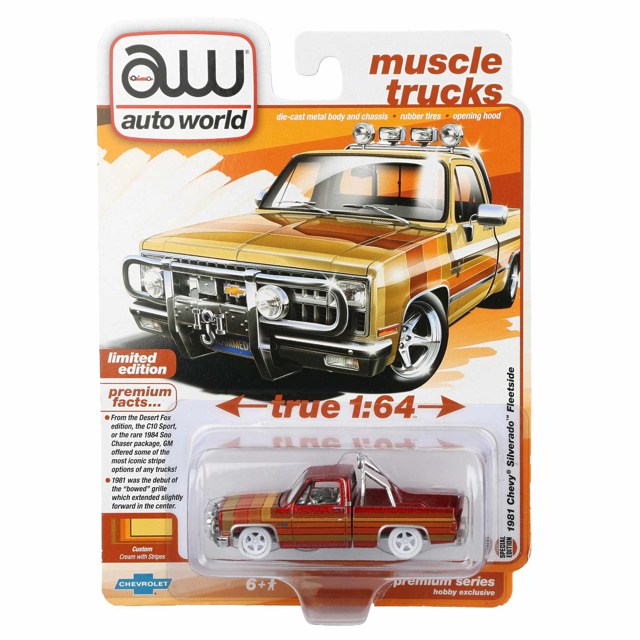 Ultra Red Chase Unit ~ 1/64 1981 Lowered Chevrolet Silverado Fleetside Pickup Truck with Custom Stripes, Auto World