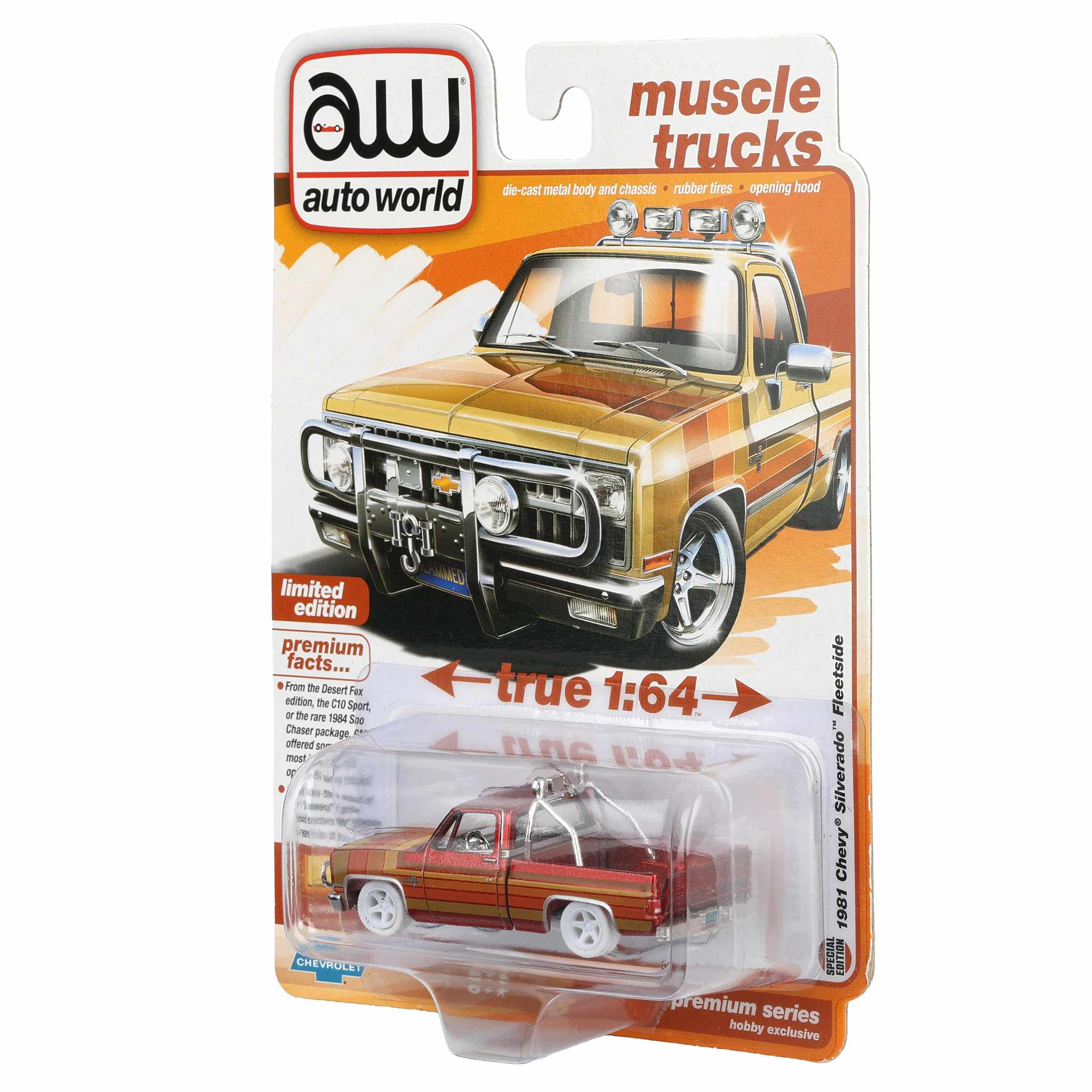 Ultra Red Chase Unit ~ 1/64 1981 Lowered Chevrolet Silverado Fleetside Pickup Truck with Custom Stripes, Auto World - Image 3