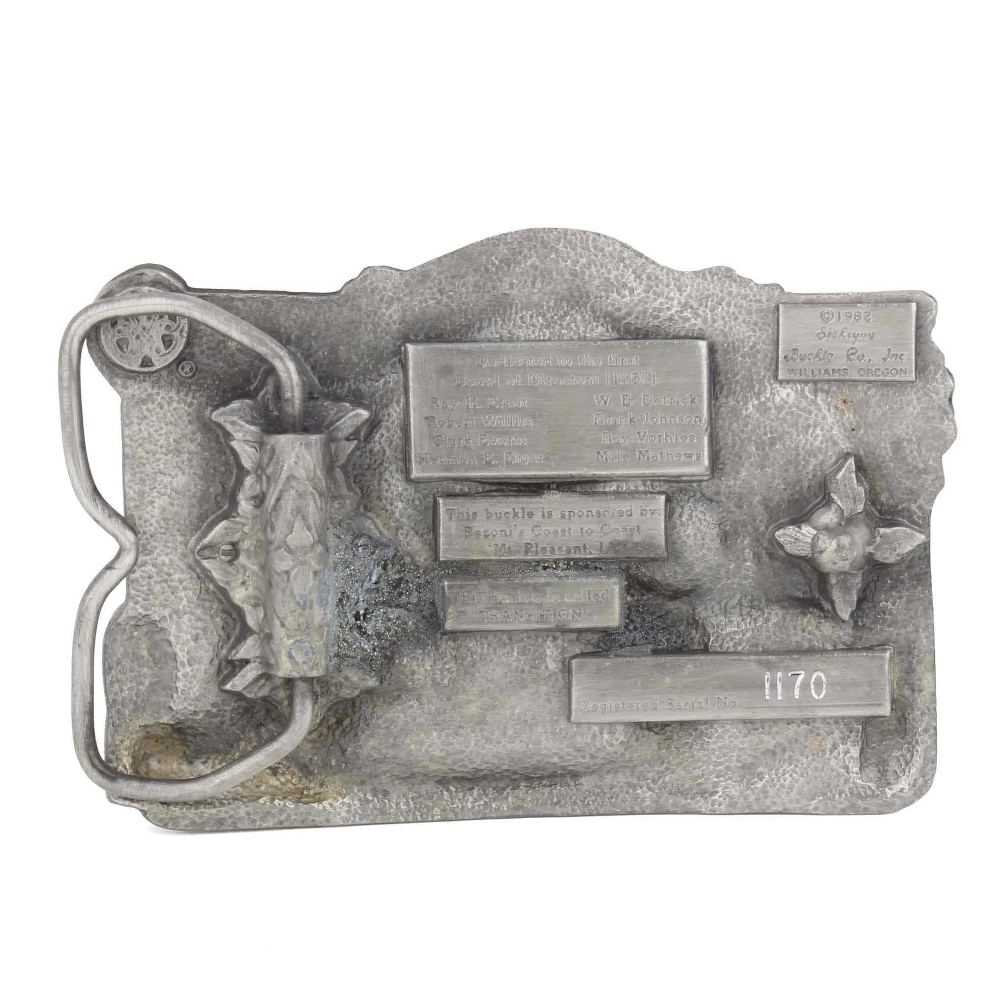 Vintage 1982 Old Settlers & Threshers Reunion "Transition Steam to Gas" LE Siskiyou Pewter Belt Buckle - Image 2