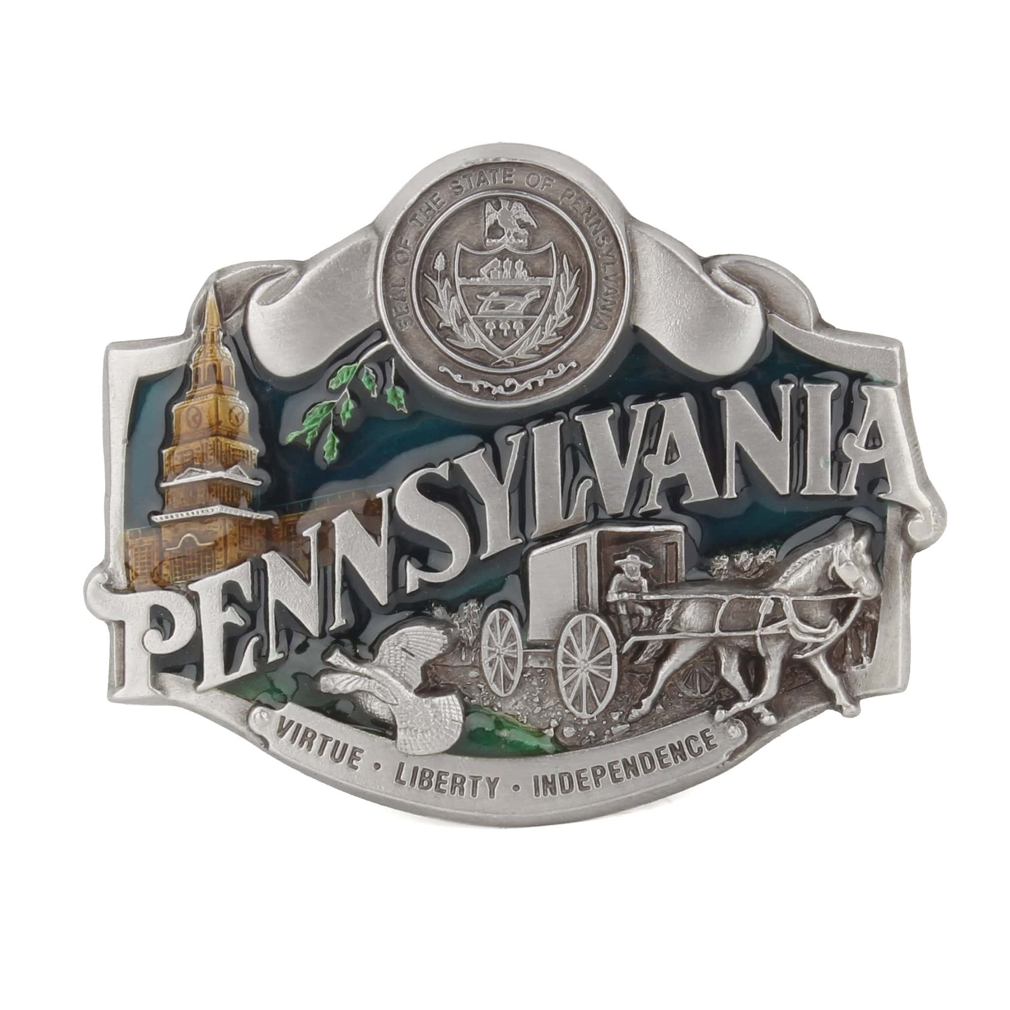 Vintage 1987 Siskiyou Pennsylvania State Seal Pewter & Enamel Belt Buckle