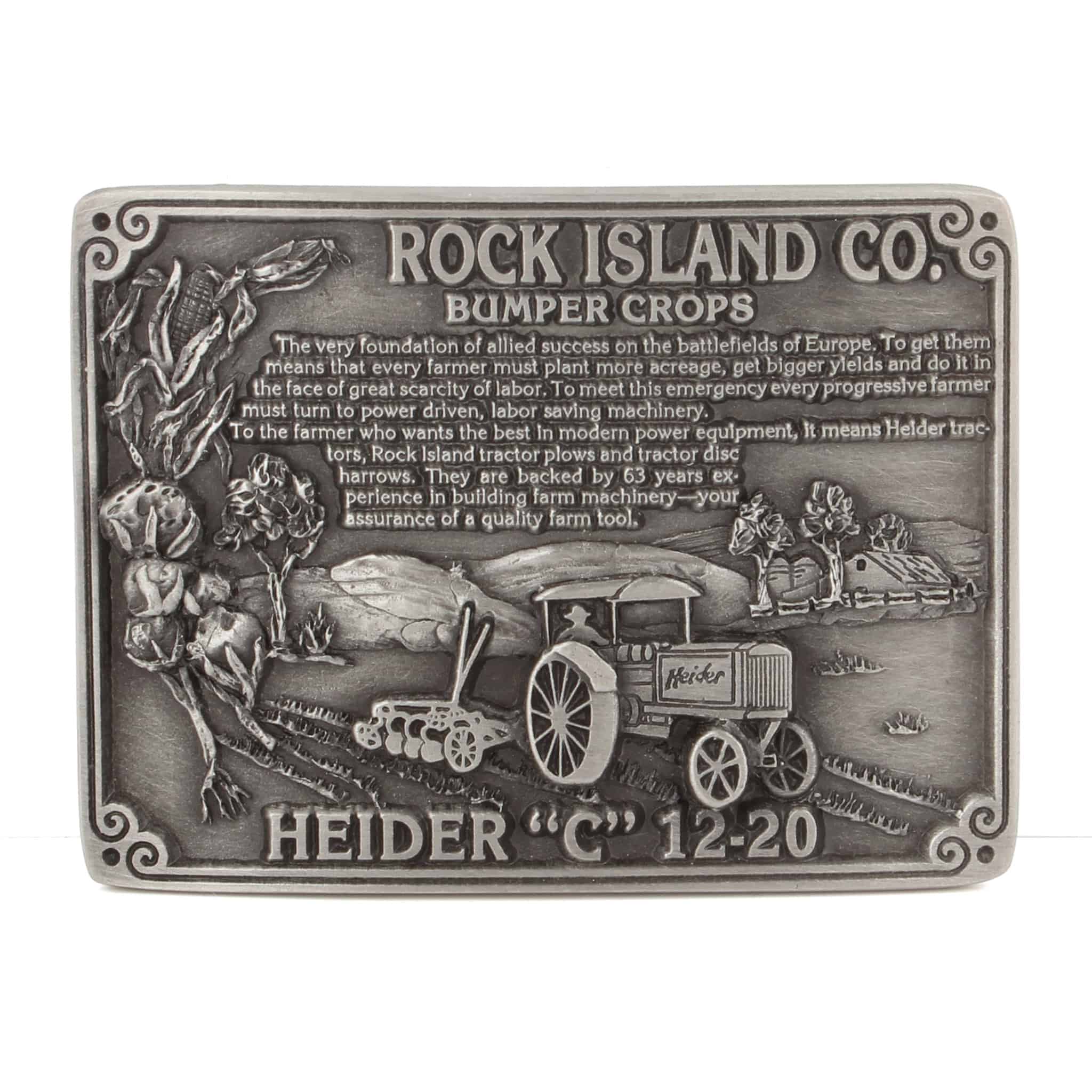 Vintage Rock Island Co Bumper Crops Heider C 12-20 Tractor LE Pewter Belt Buckle by SpecCast