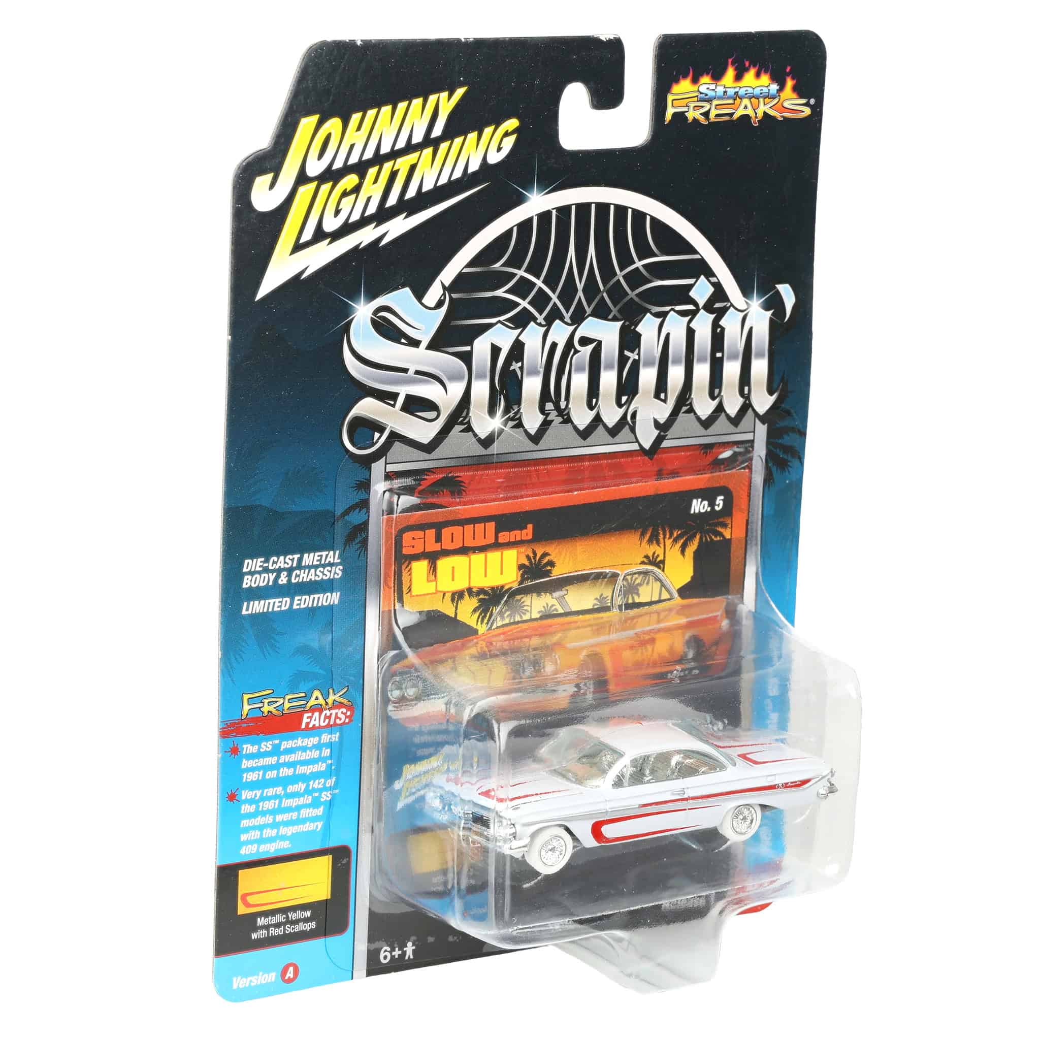 White Lightning Chase Unit ~ 1/64 1961 Chevrolet Impala SS 409, Metallic Yellow & Red, Johnny Lightning Scrapin' - Image 2