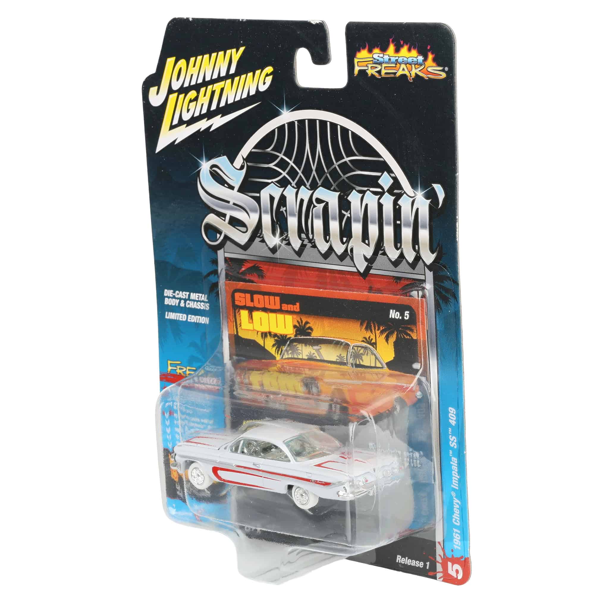 White Lightning Chase Unit ~ 1/64 1961 Chevrolet Impala SS 409, Metallic Yellow & Red, Johnny Lightning Scrapin' - Image 3