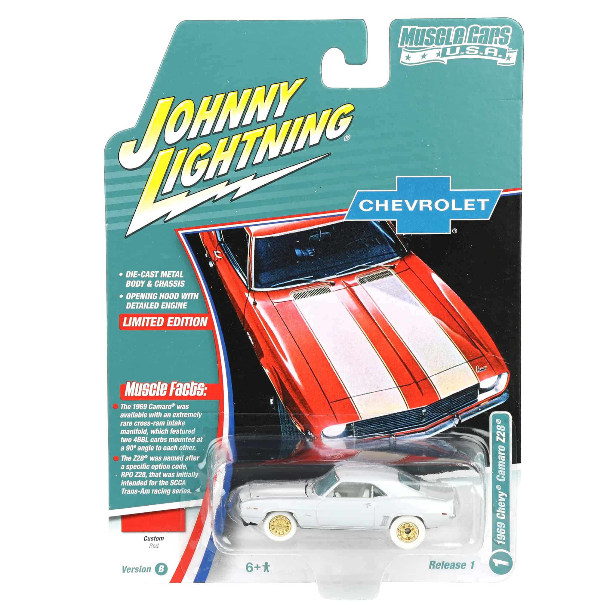 White Lightning Chase Unit ~ 1/64 1969 Chevrolet Camaro Z28, Red with White Stripes, Johnny Lightning Muscle Car Series