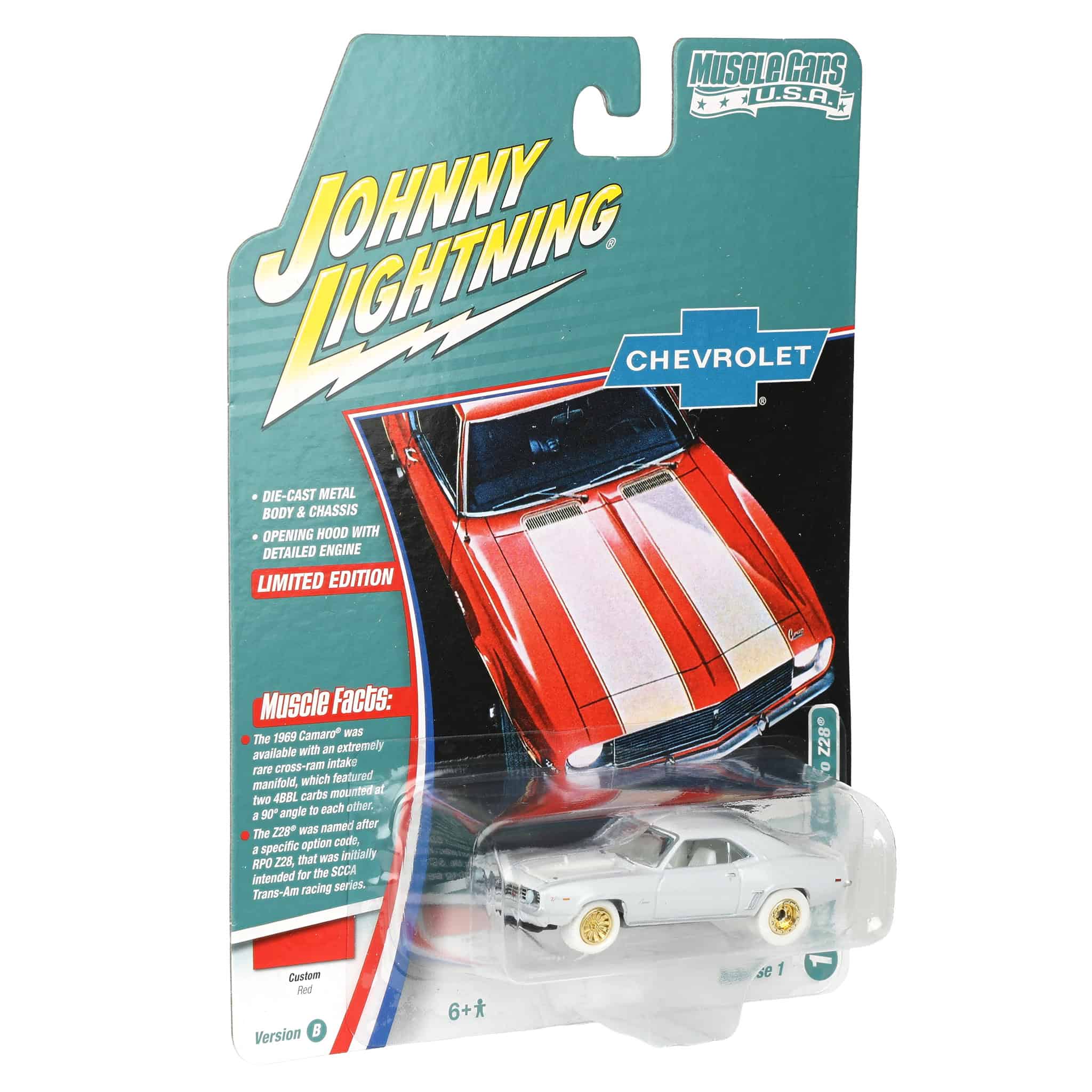 White Lightning Chase Unit ~ 1/64 1969 Chevrolet Camaro Z28, Red with White Stripes, Johnny Lightning Muscle Car Series - Image 2